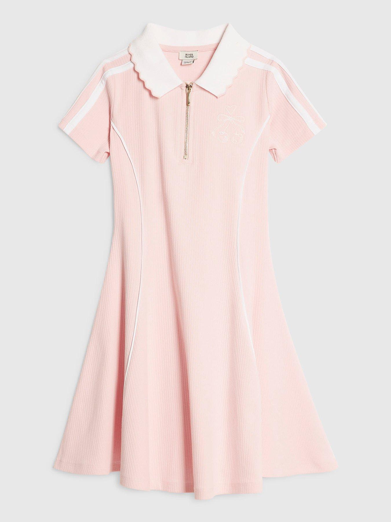 River Island Older Girls Ribbed Zip Cherry Bow Polo Dress, Pink, Size Age: 5-6 Years