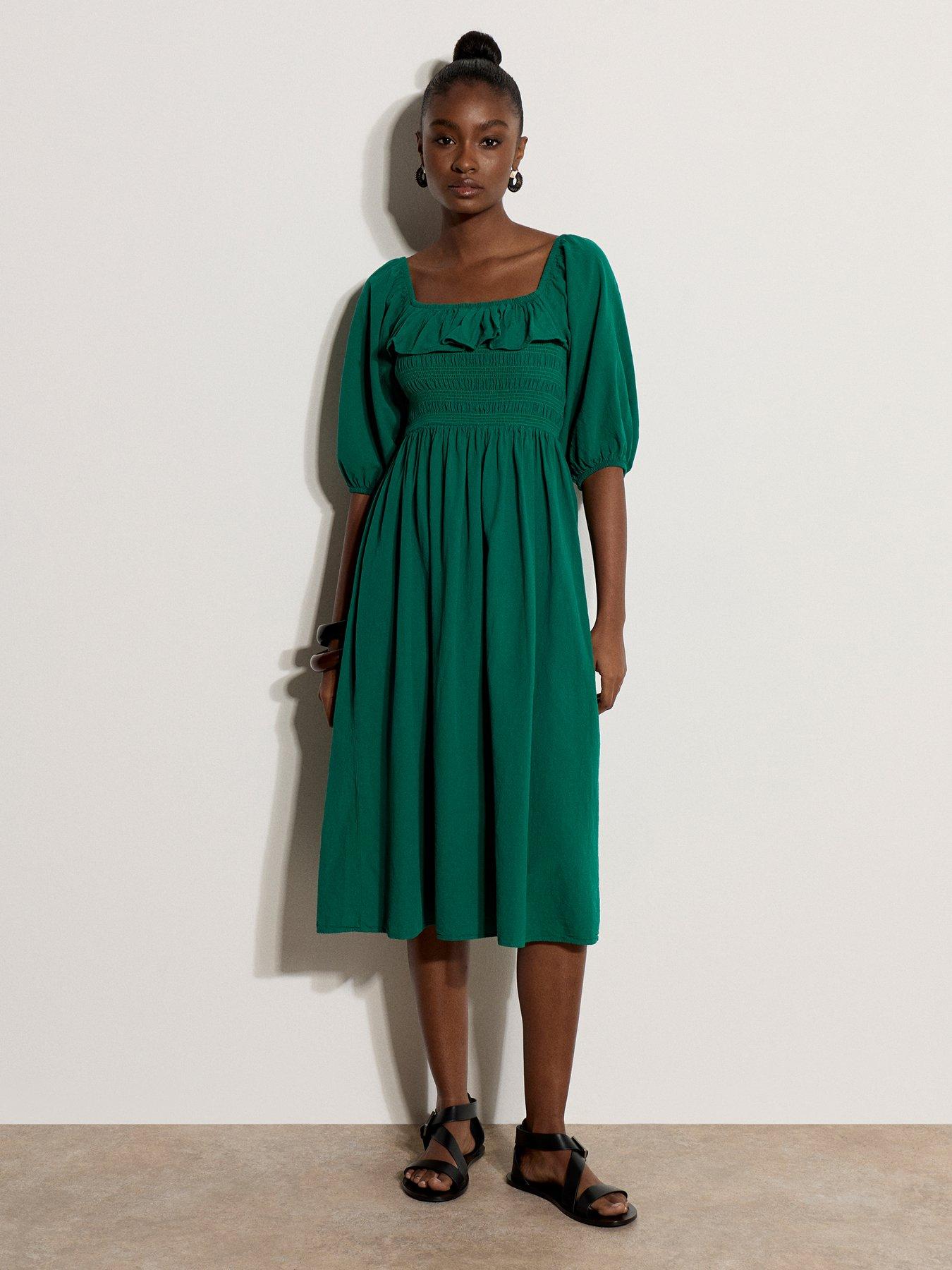Apricot Ruffle Detail Smocked Milkmaid Dress - Green | Very