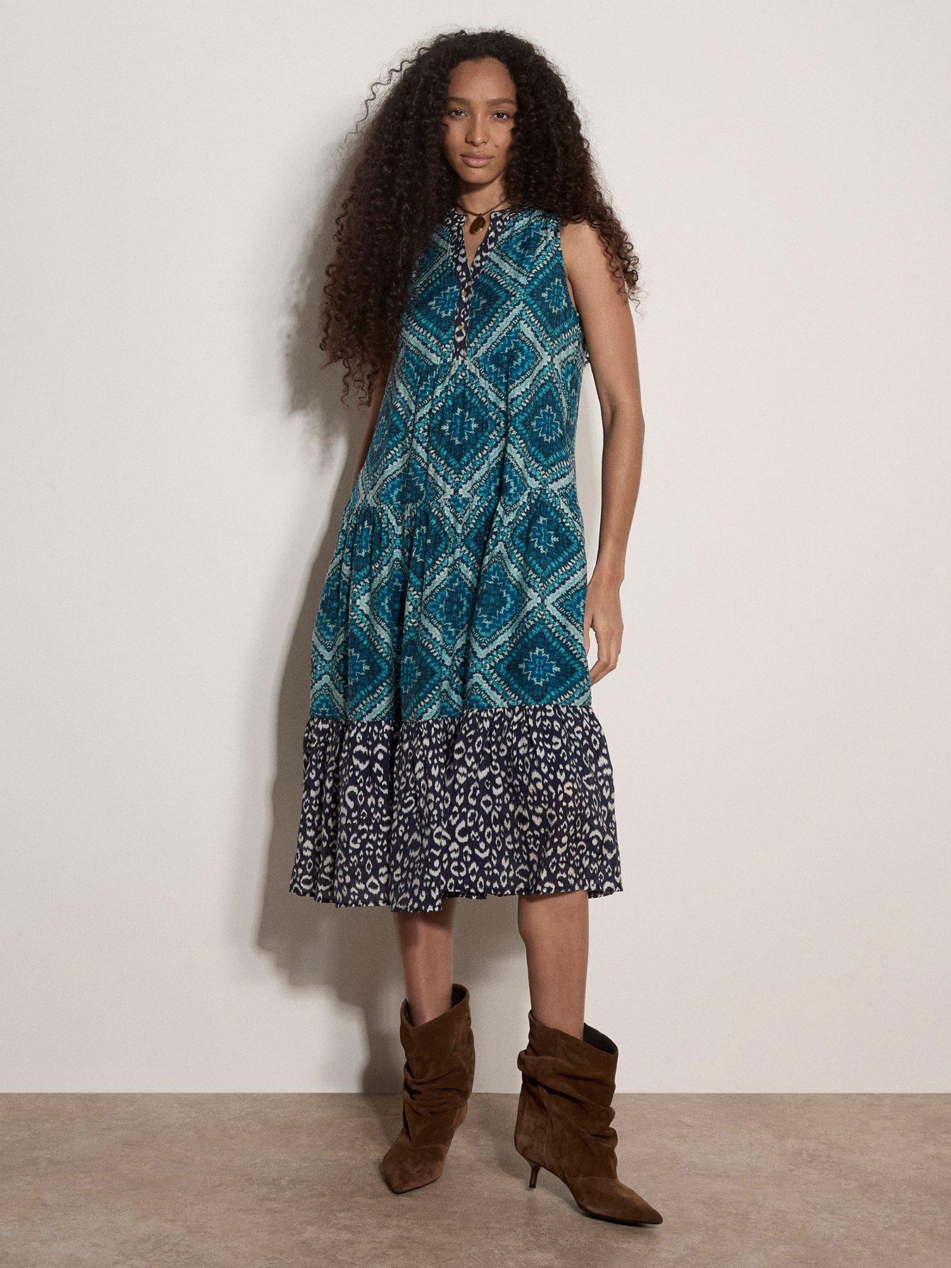 Image 1 of 4 of Apricot Ikat Diamond Sleeveless Dress - Green