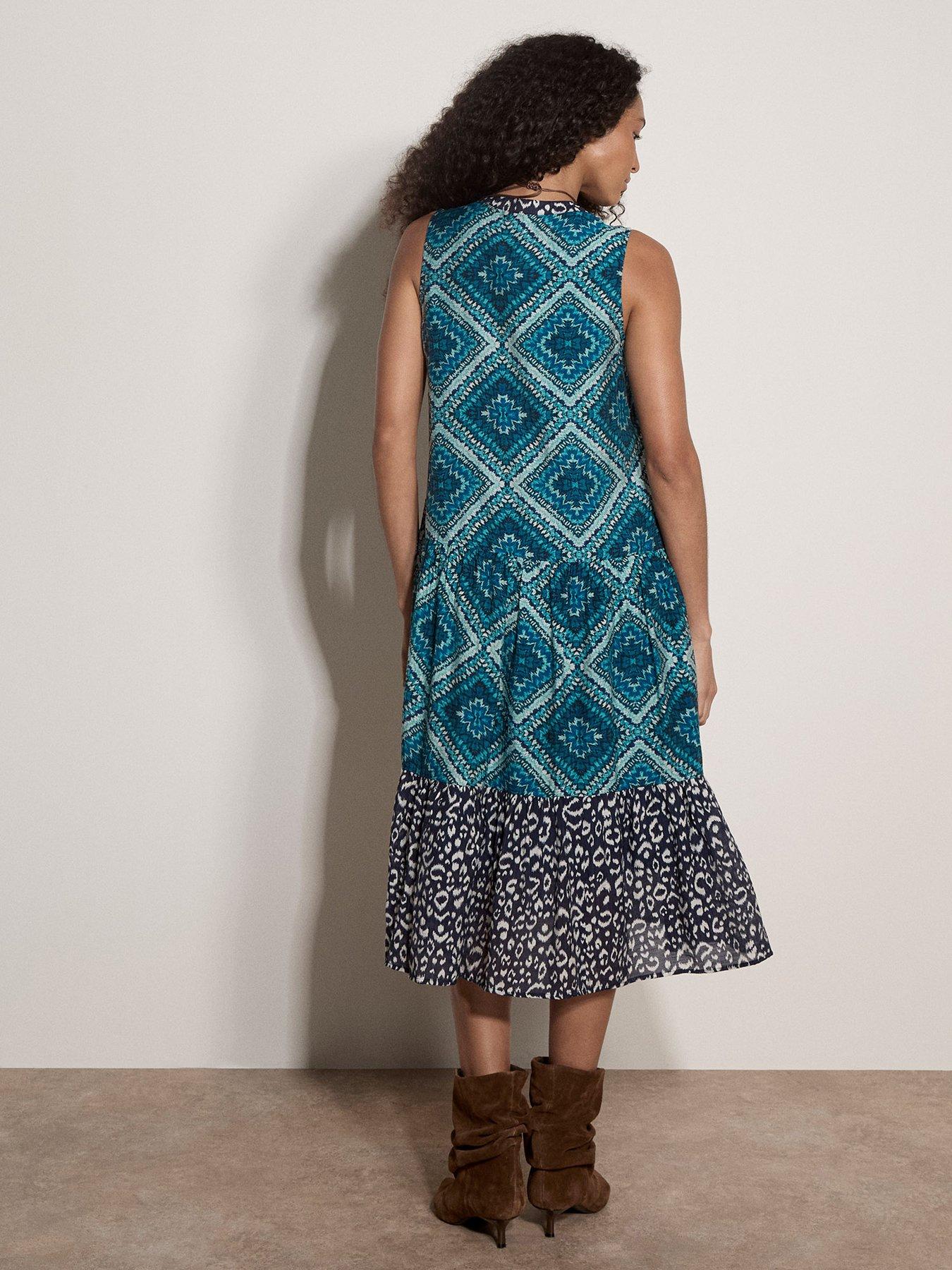 Image 2 of 4 of Apricot Ikat Diamond Sleeveless Dress - Green