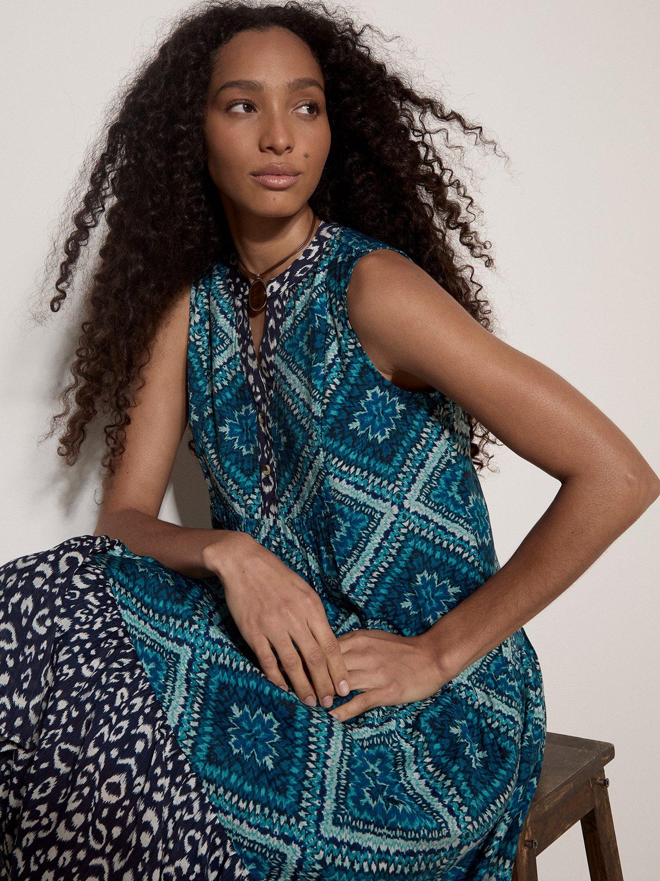 Image 3 of 4 of Apricot Ikat Diamond Sleeveless Dress - Green