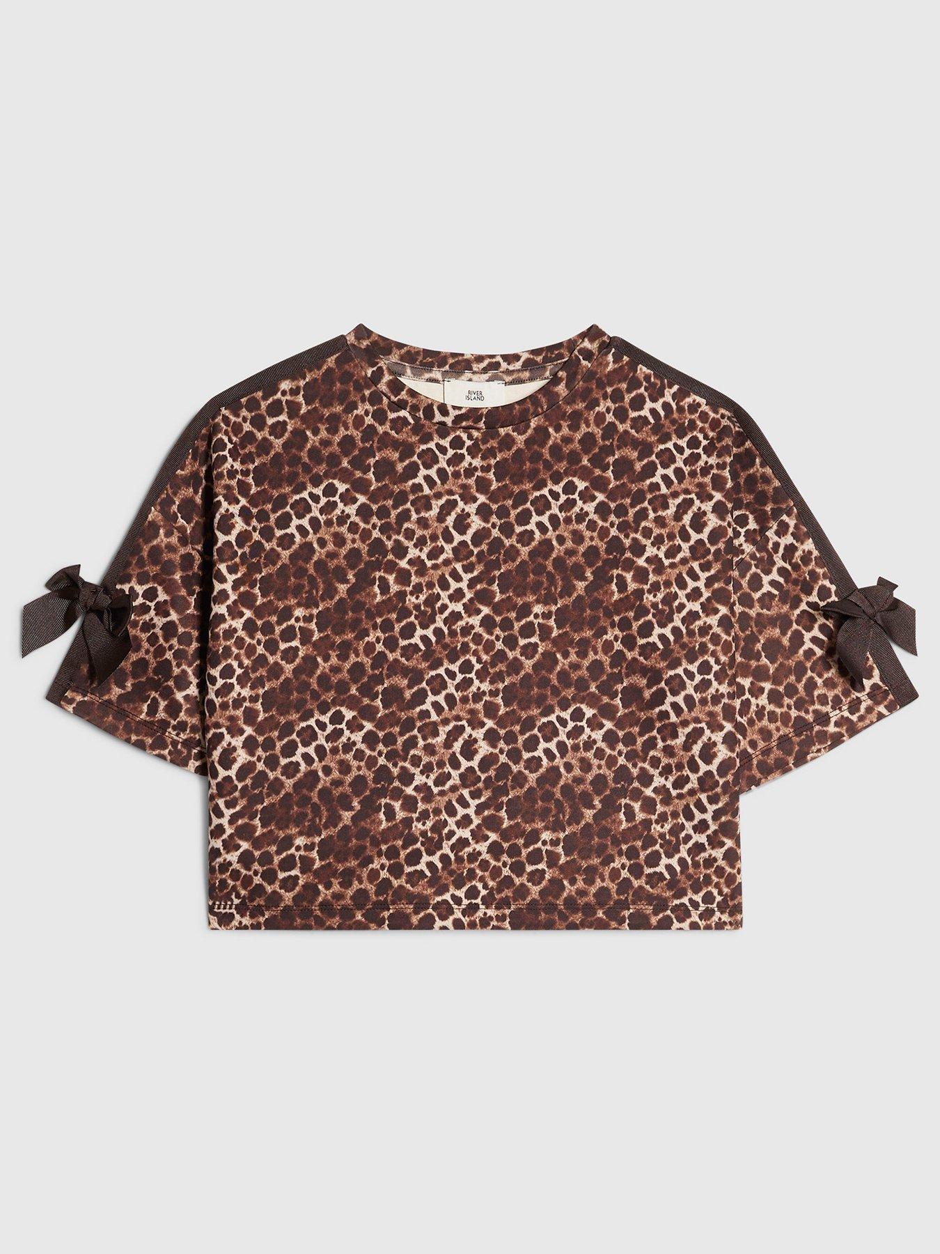 River Island Older Girls Premium Leopard Print Bow Top, Brown, Size Age: 13-14 Years