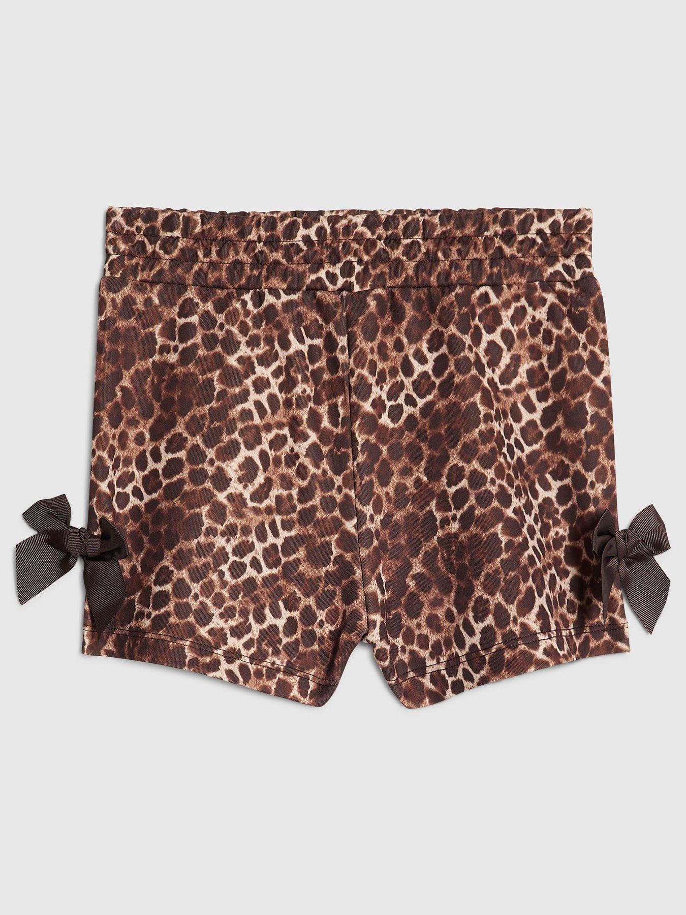 Image 1 of 4 of River Island Older Girls Premium Leopard Print Bow Shorts - Brown
