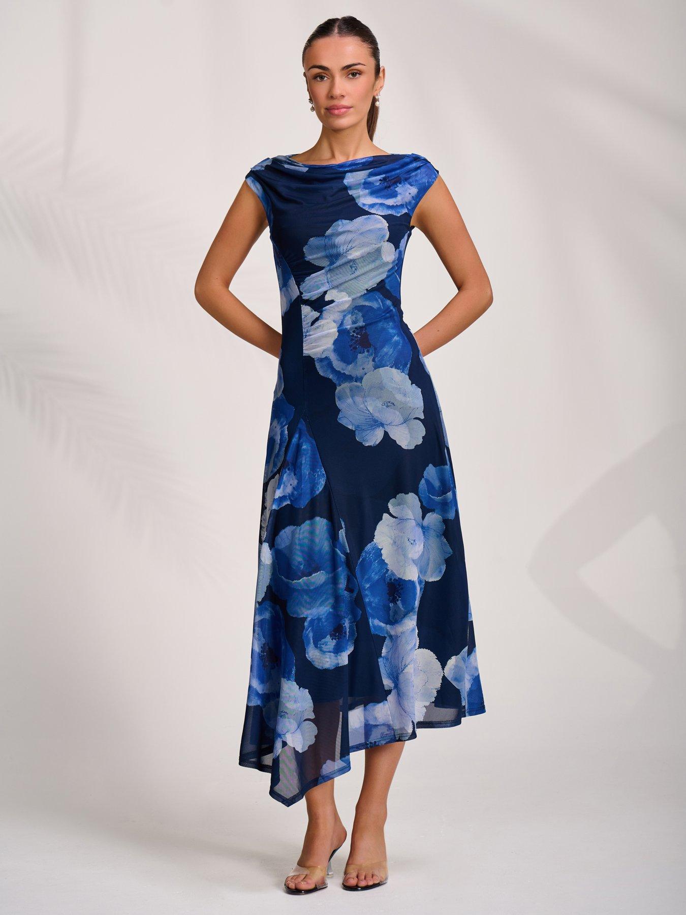 Jolie Moi Asymmetric Draped Mesh Midaxi Dress - Blue