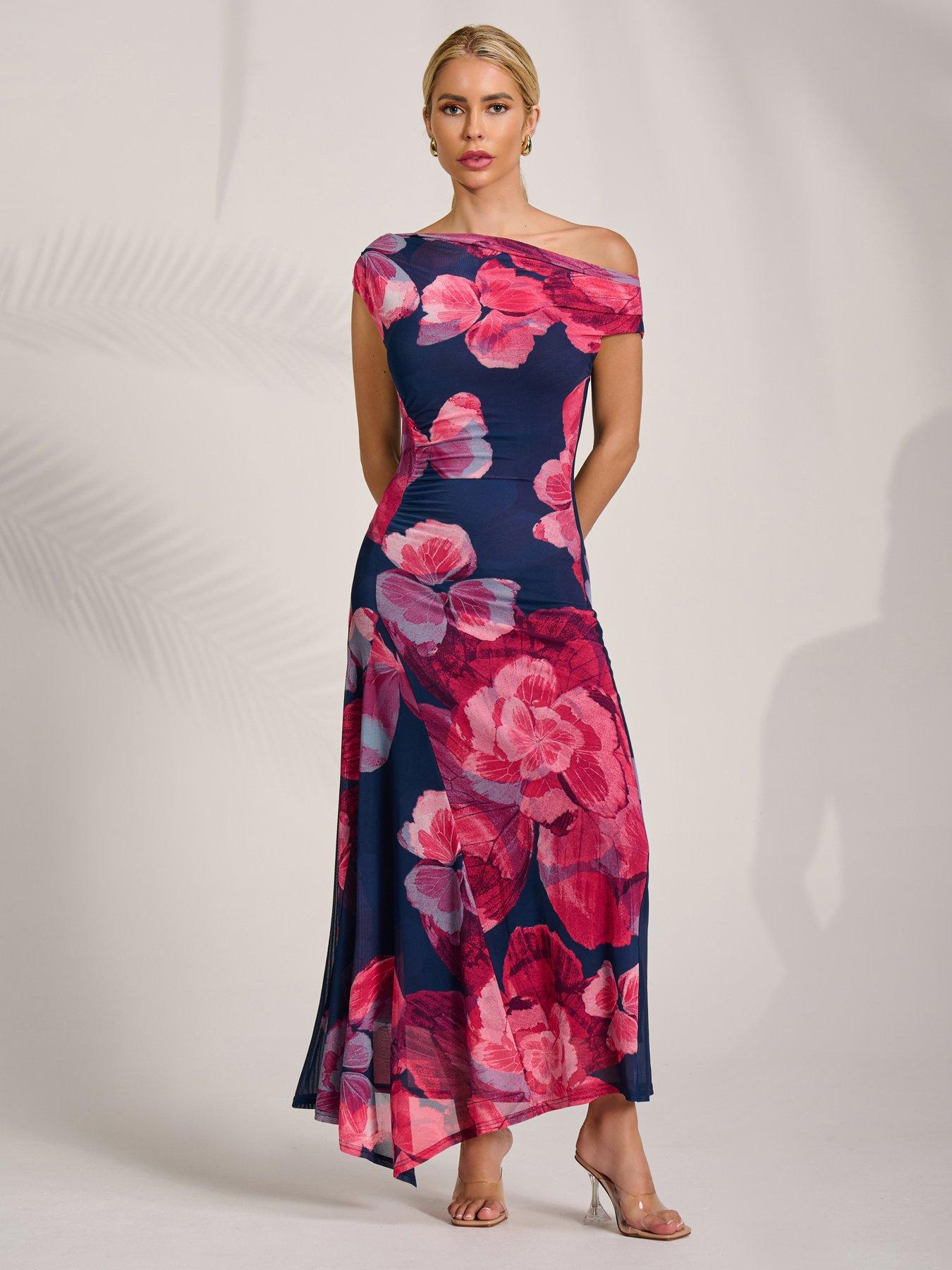 yuri asymmetric drape midaxi dress Jolie Moi Draped Mesh - Pink UK SIZE:18 Size Chart WEARABLES / SUMMER A-line/Princess Off-the-Shoulder 3/4 Sleeve