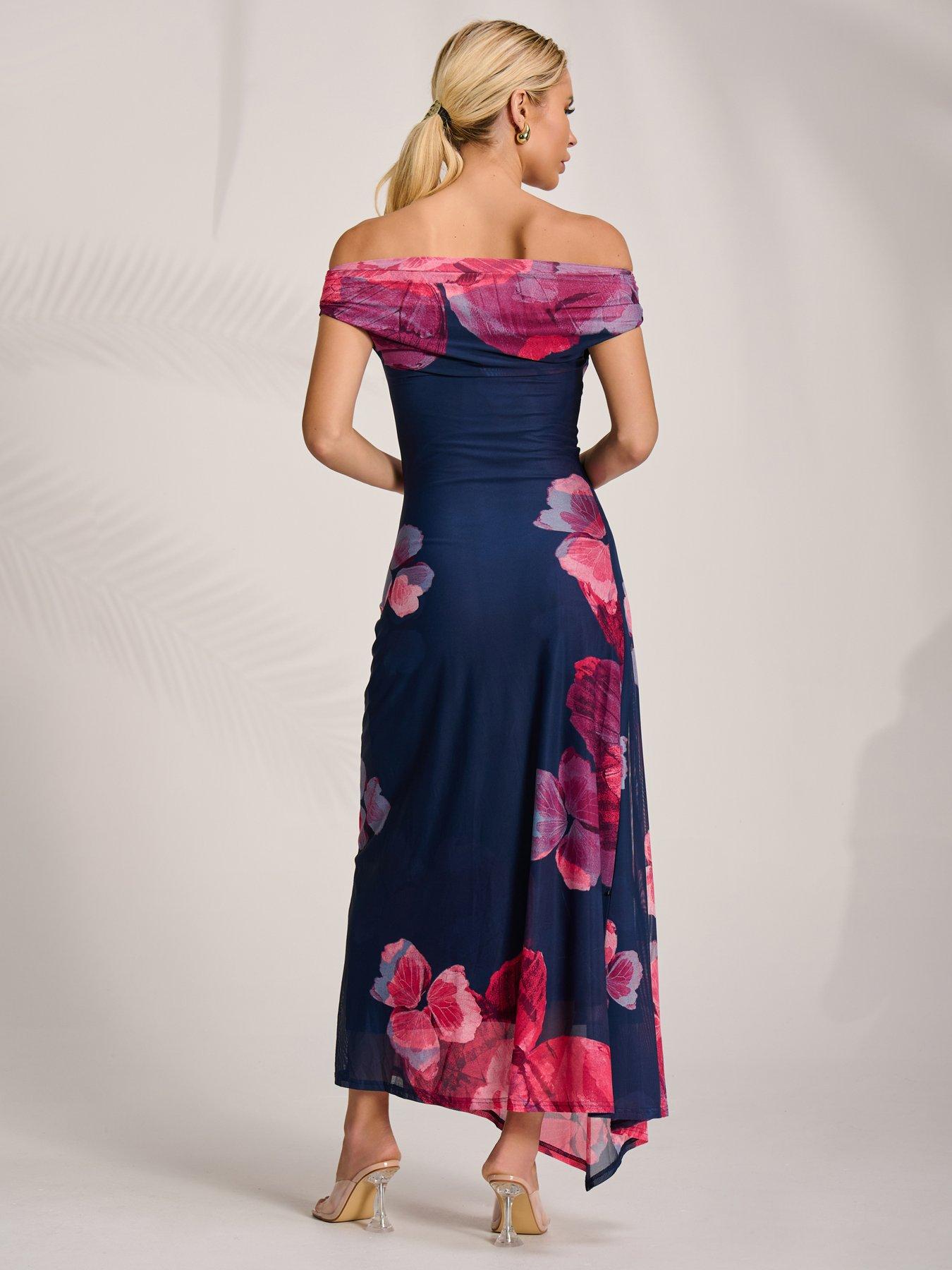 Image 2 of 7 of Jolie Moi Asymmetric Draped Mesh Midaxi Dress - Pink