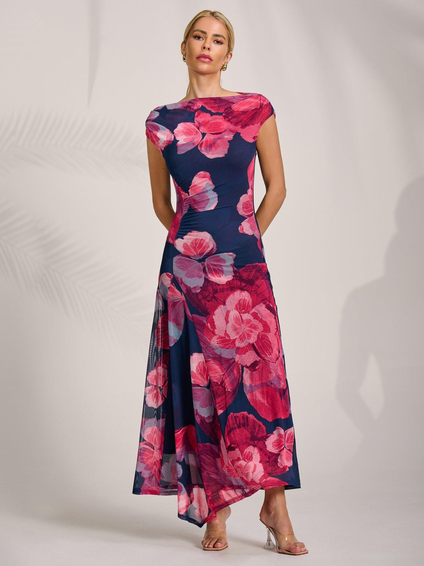 Image 3 of 7 of Jolie Moi Asymmetric Draped Mesh Midaxi Dress - Pink