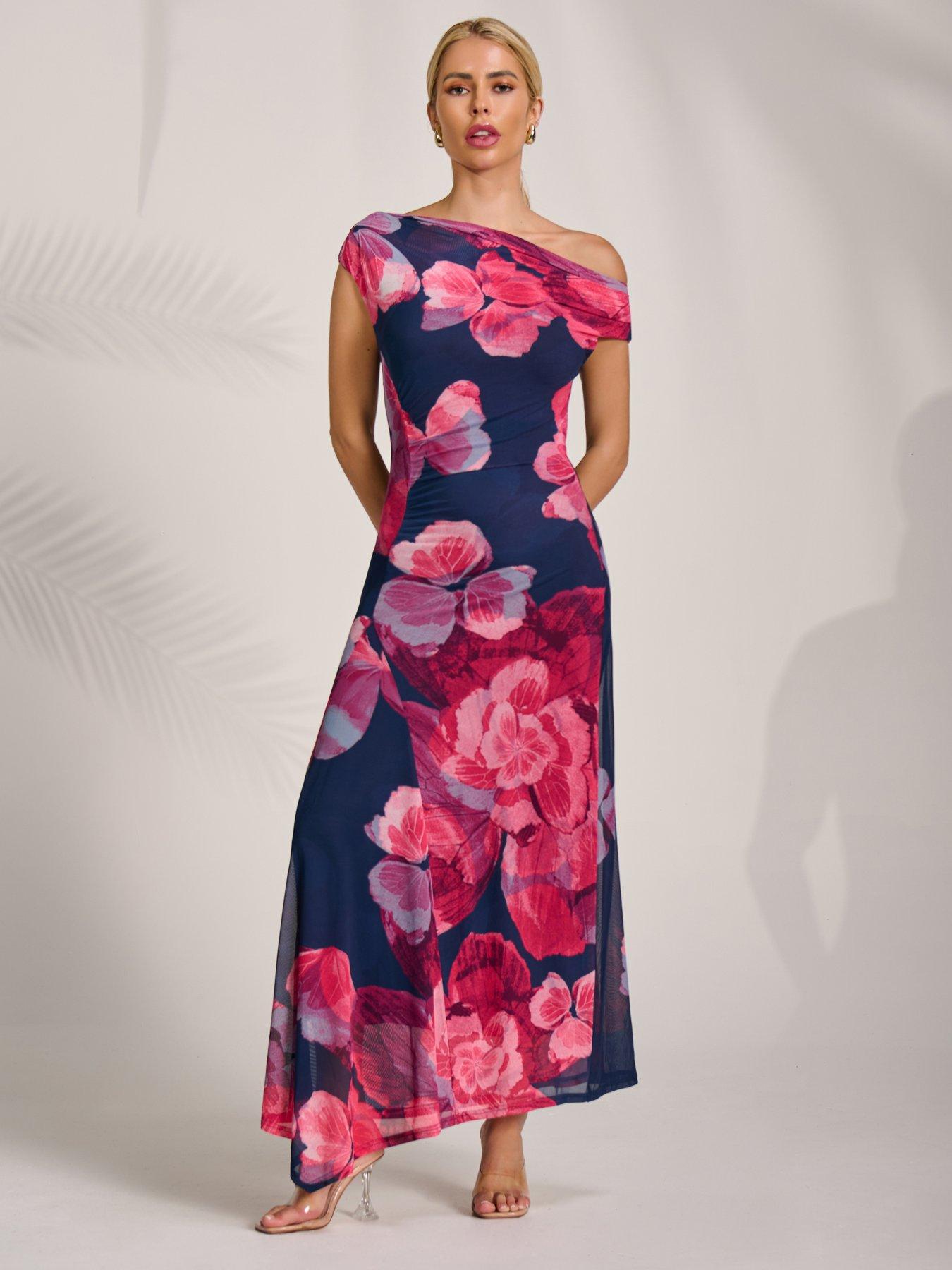 Image 5 of 7 of Jolie Moi Asymmetric Draped Mesh Midaxi Dress - Pink