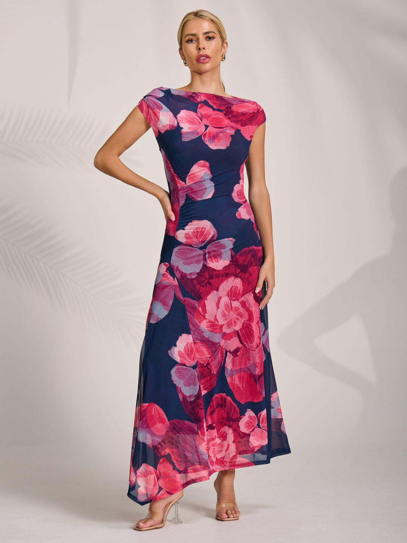 Image 6 of 7 of Jolie Moi Asymmetric Draped Mesh Midaxi Dress - Pink