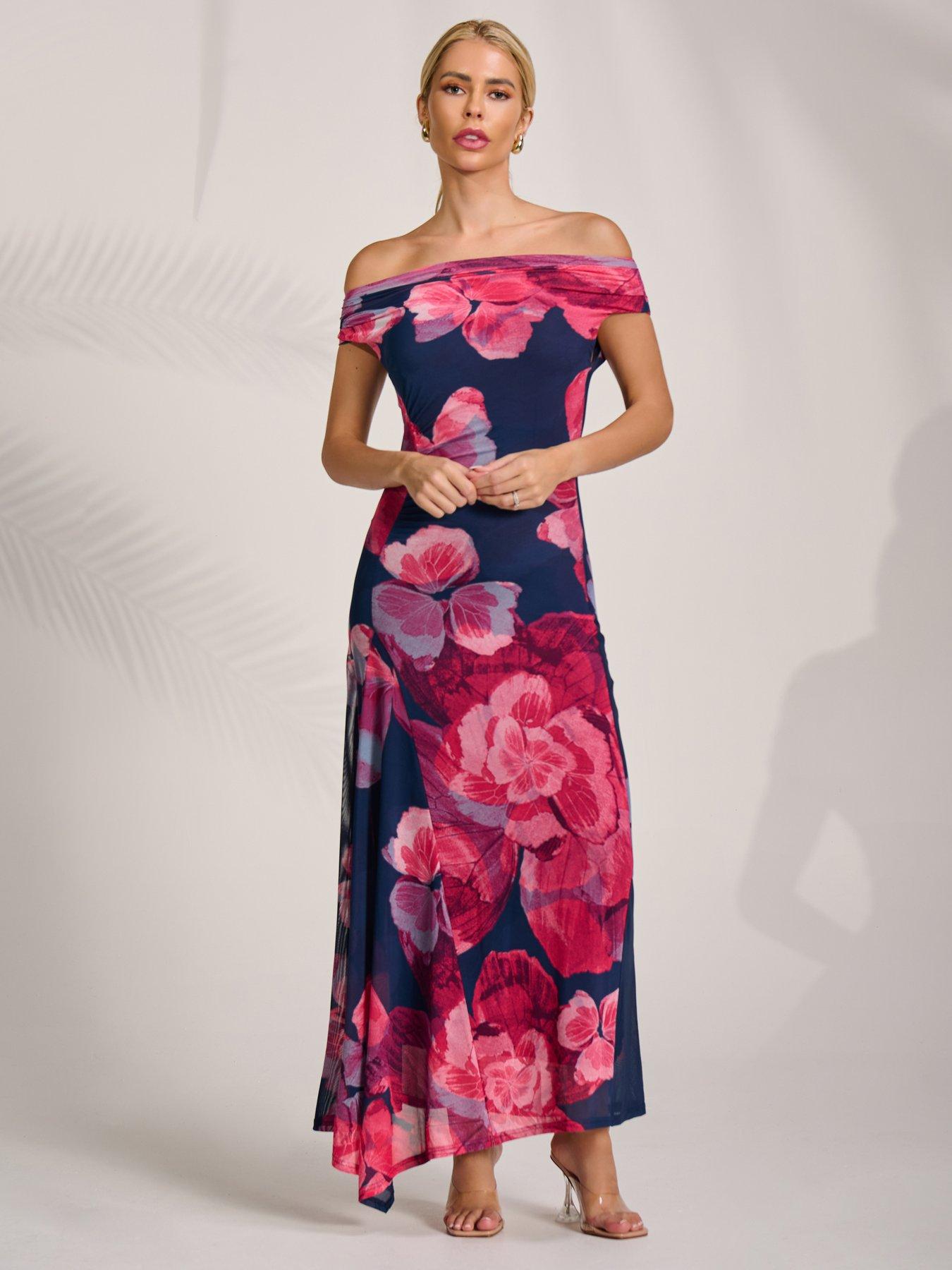 Image 7 of 7 of Jolie Moi Asymmetric Draped Mesh Midaxi Dress - Pink