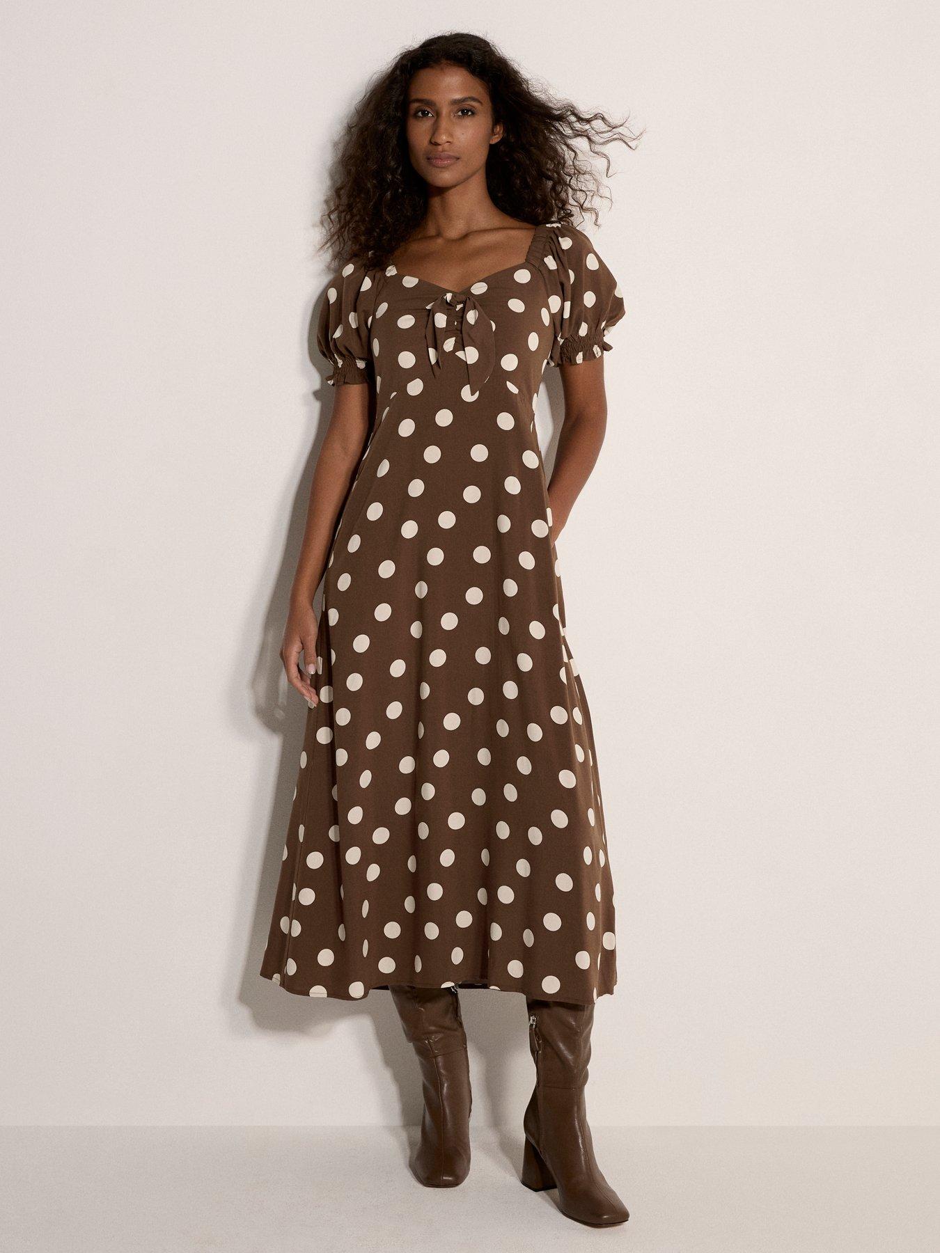 Apricot Big Spot Bow Detail Midi Dress **New Colour** - Brown