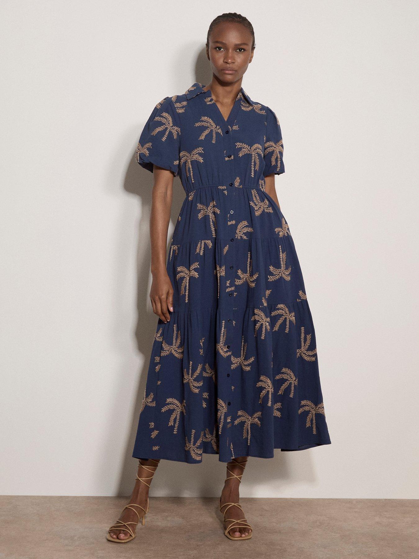 Image 1 of 4 of Apricot Embroidered Palms Bubble Sleeve Tiered Midaxi Dress - Blue