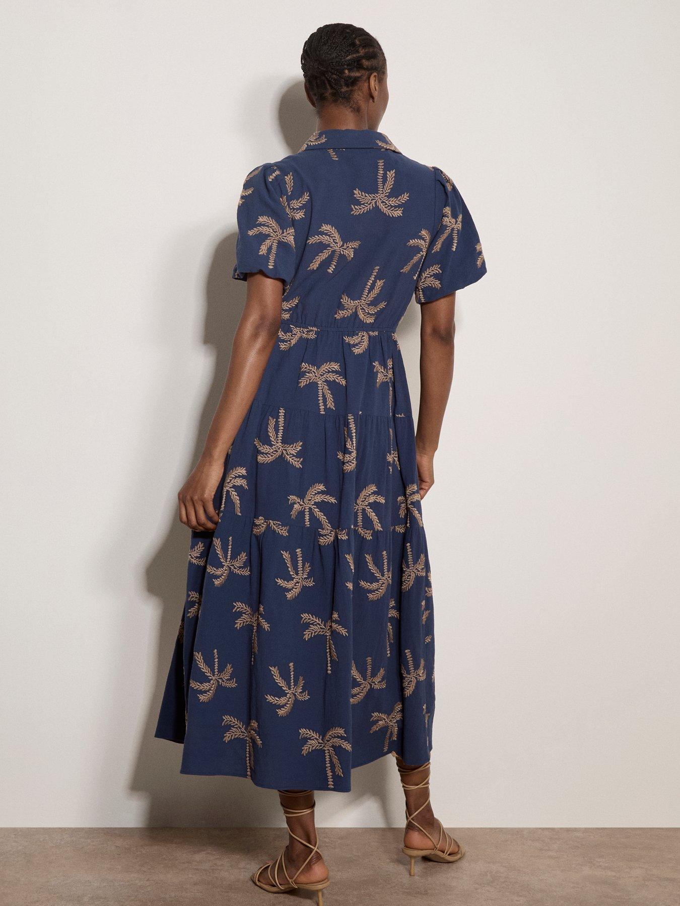 Image 2 of 4 of Apricot Embroidered Palms Bubble Sleeve Tiered Midaxi Dress - Blue