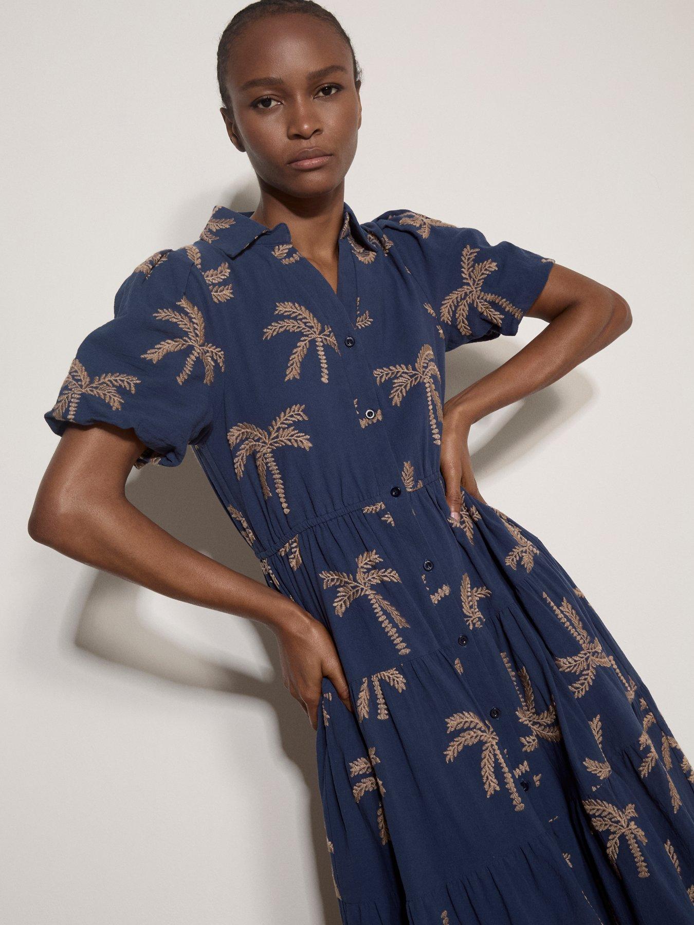 Image 3 of 4 of Apricot Embroidered Palms Bubble Sleeve Tiered Midaxi Dress - Blue