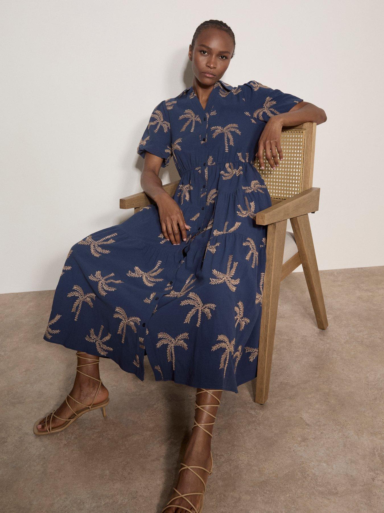 Image 4 of 4 of Apricot Embroidered Palms Bubble Sleeve Tiered Midaxi Dress - Blue
