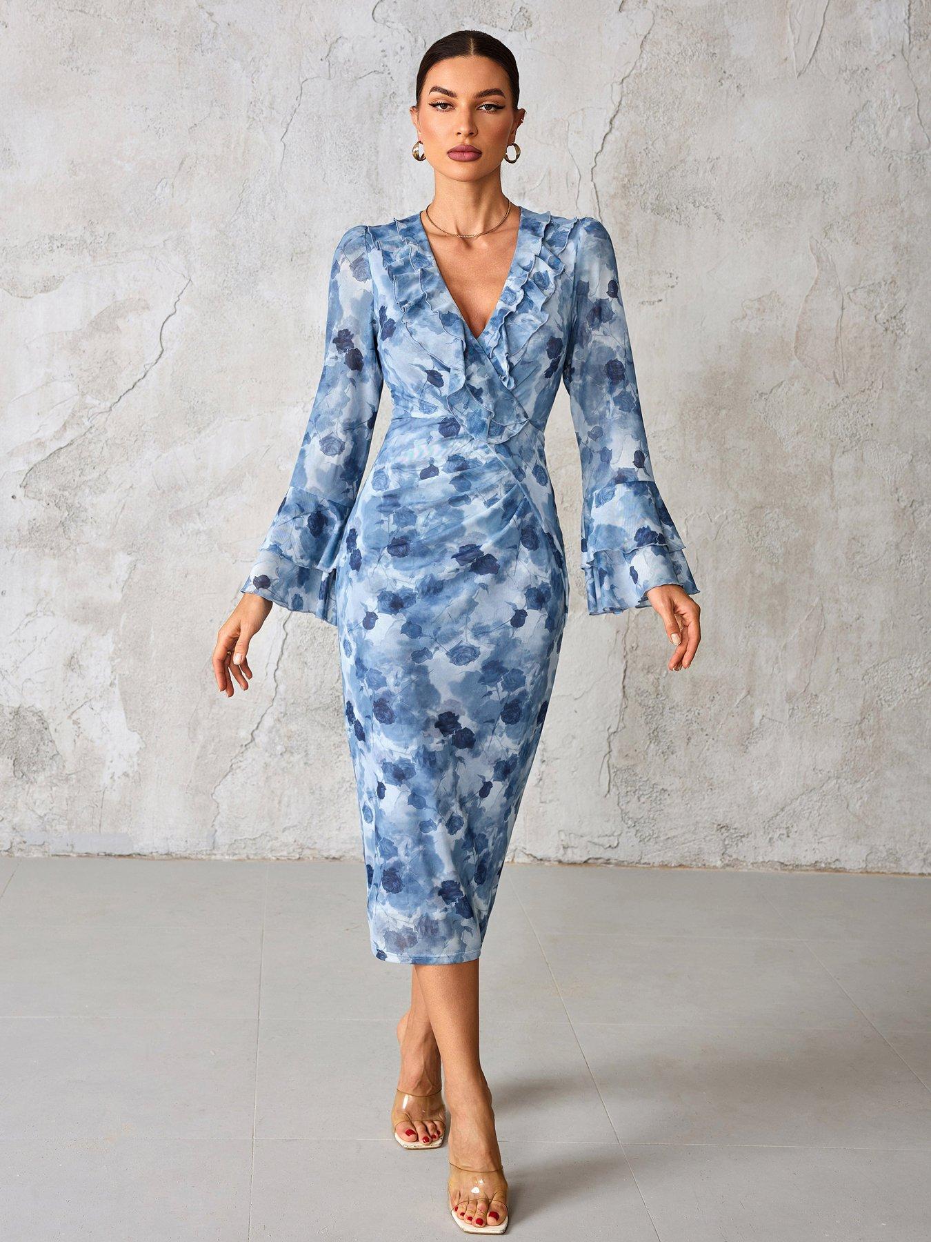 Image 1 of 7 of Jolie Moi Frill Sleeve Pleated Wrap Midi Dress - Blue