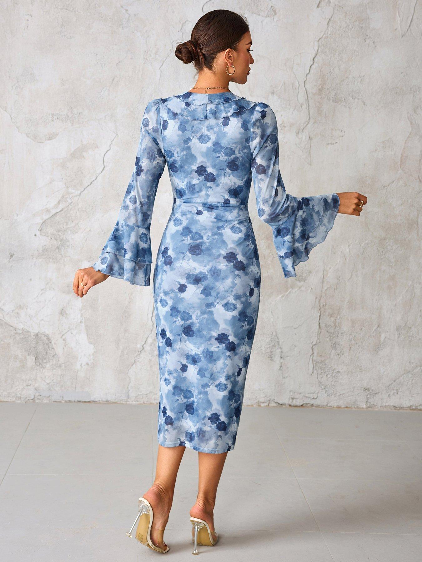 Image 2 of 7 of Jolie Moi Frill Sleeve Pleated Wrap Midi Dress - Blue