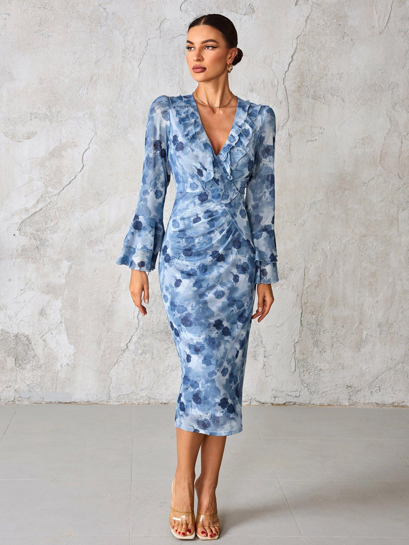 Image 3 of 7 of Jolie Moi Frill Sleeve Pleated Wrap Midi Dress - Blue