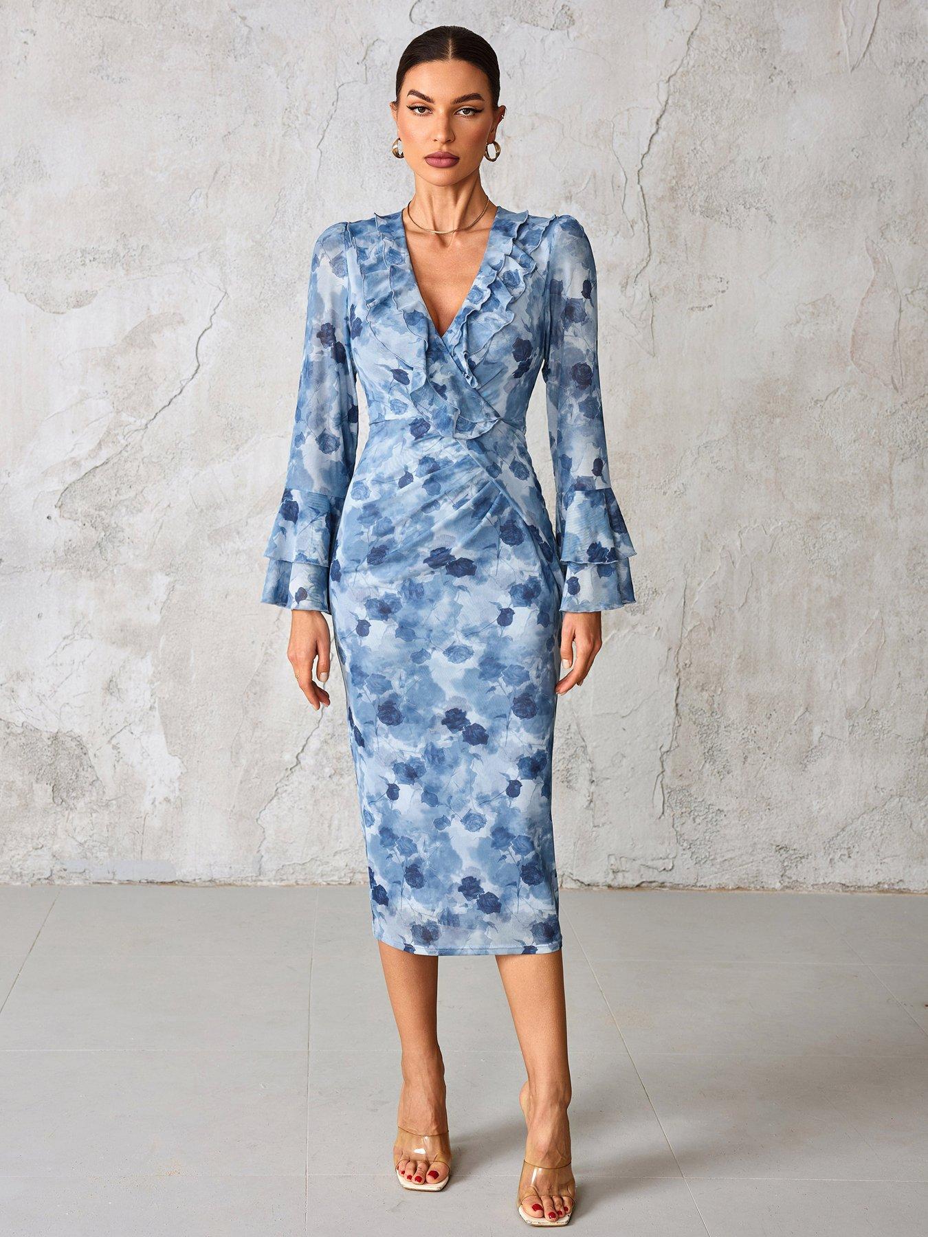Image 5 of 7 of Jolie Moi Frill Sleeve Pleated Wrap Midi Dress - Blue
