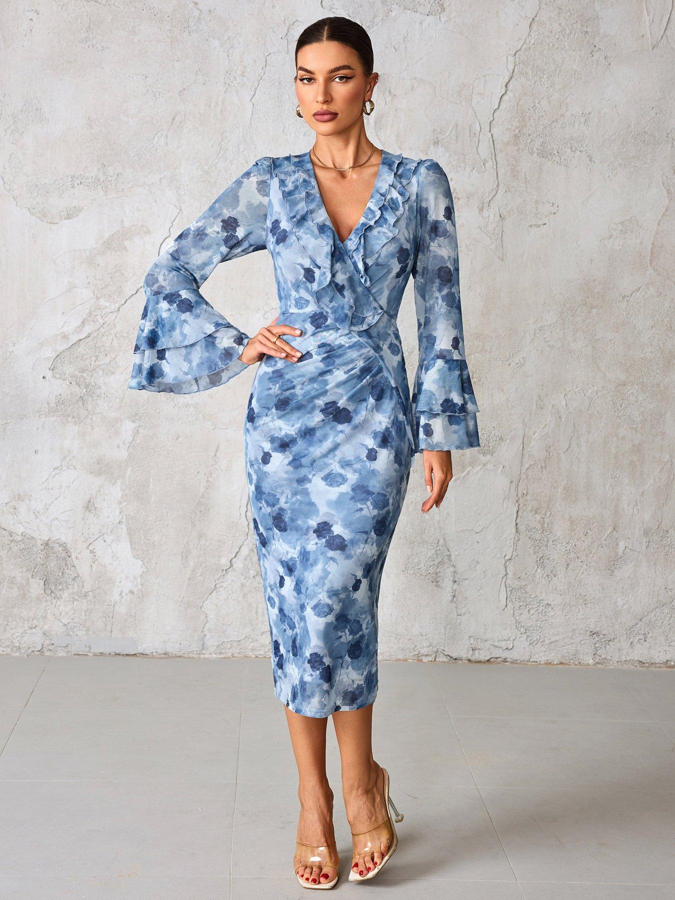 Image 6 of 7 of Jolie Moi Frill Sleeve Pleated Wrap Midi Dress - Blue