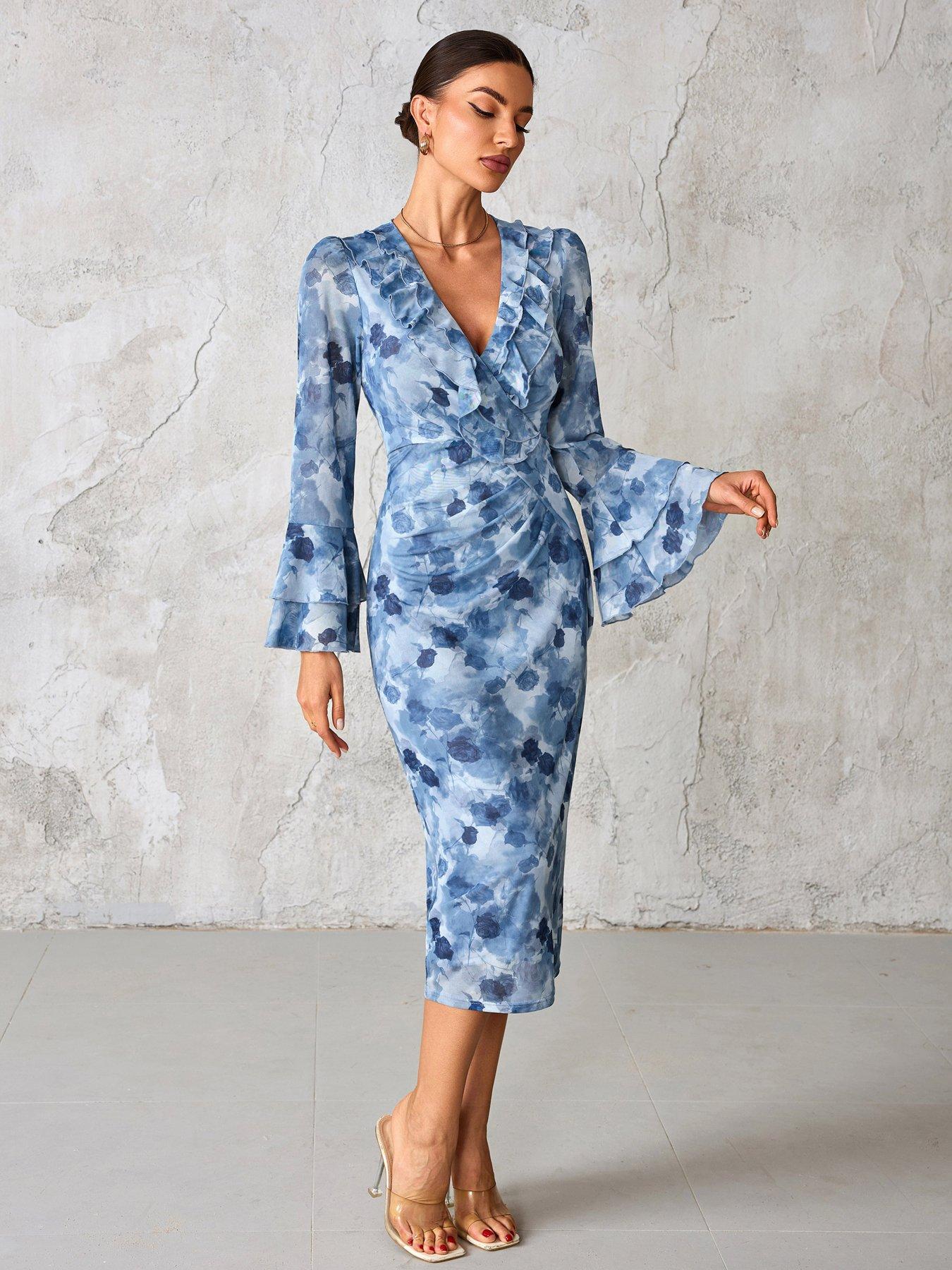 Image 7 of 7 of Jolie Moi Frill Sleeve Pleated Wrap Midi Dress - Blue
