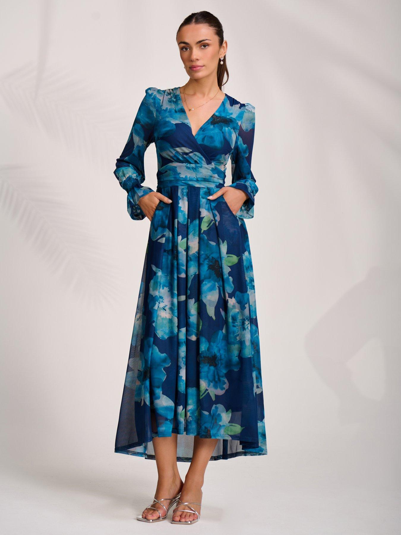 Jolie Moi Long Sleeve V Neck Mesh Maxi Dress - Blue