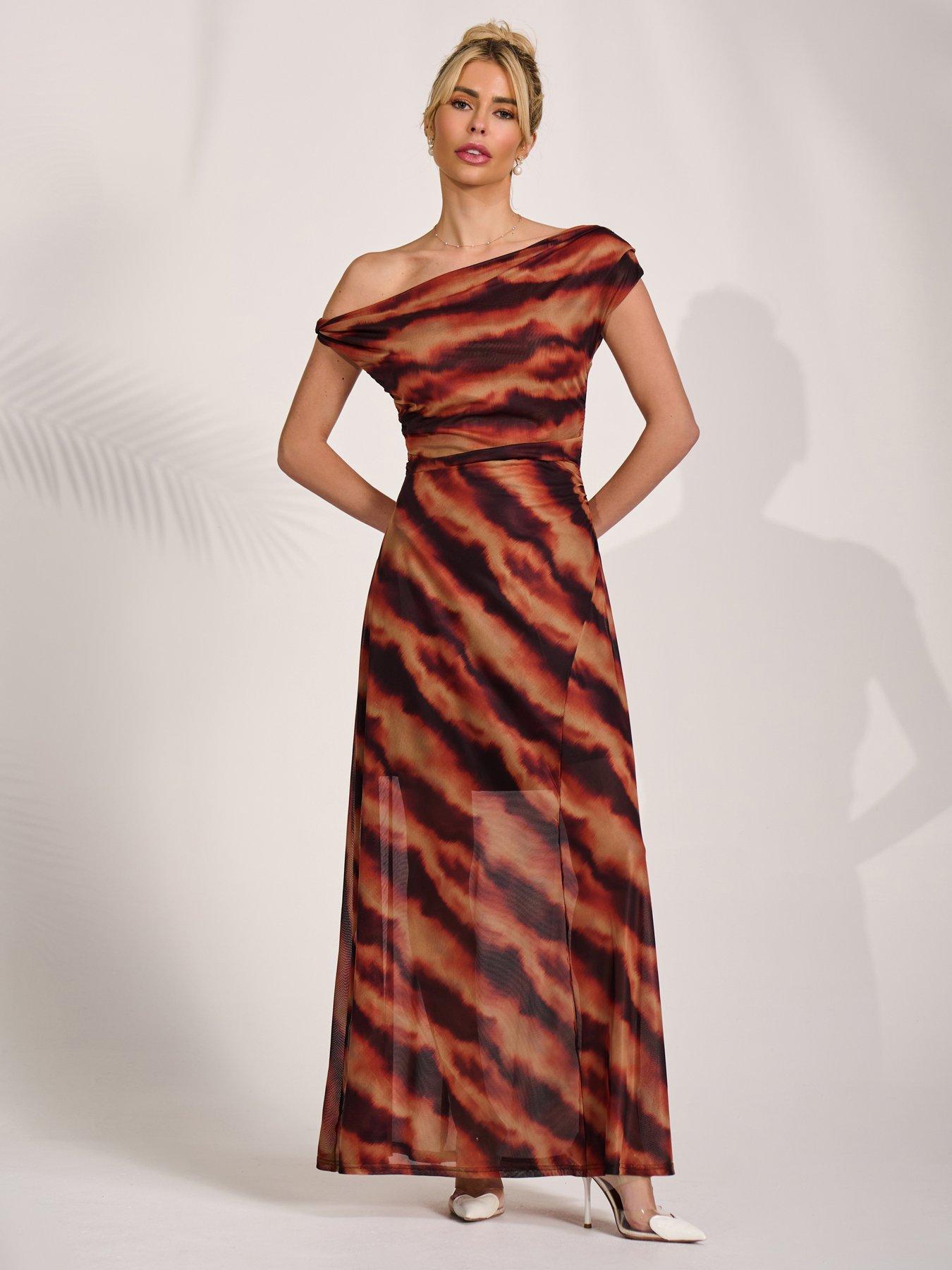Jolie Moi Mesh Asymmetrical Off Shoulder Maxi Dress - Orange