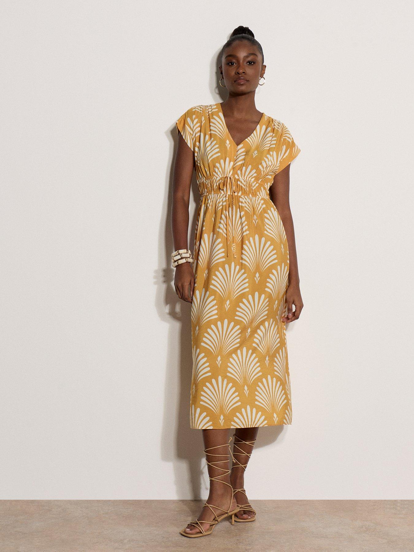 Apricot Palm Geo Smock Waist V-Neck Dress - Yellow