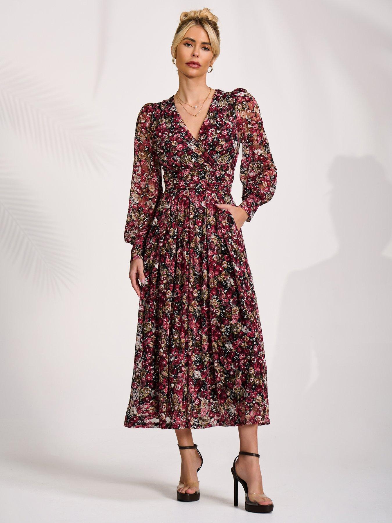 Image 7 of 7 of Jolie Moi Long Sleeve Printed Lace Maxi Dress - Black