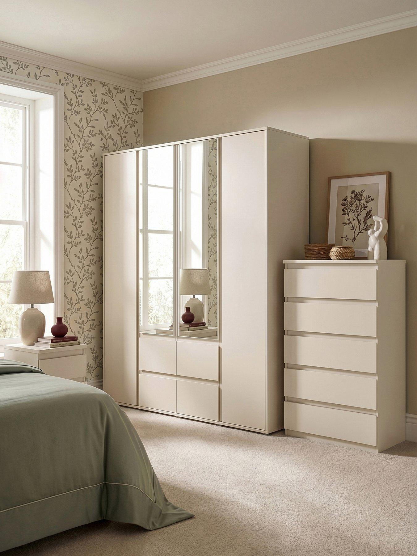 Image 1 of 6 of The Very Collection Lisson 3 Piece Package - 4 Door Mirrored Multi Wardrobe, 5 Drawer Chest and 2 Drawer Bedside Chest - Oatmeal - FSC&reg; Certified