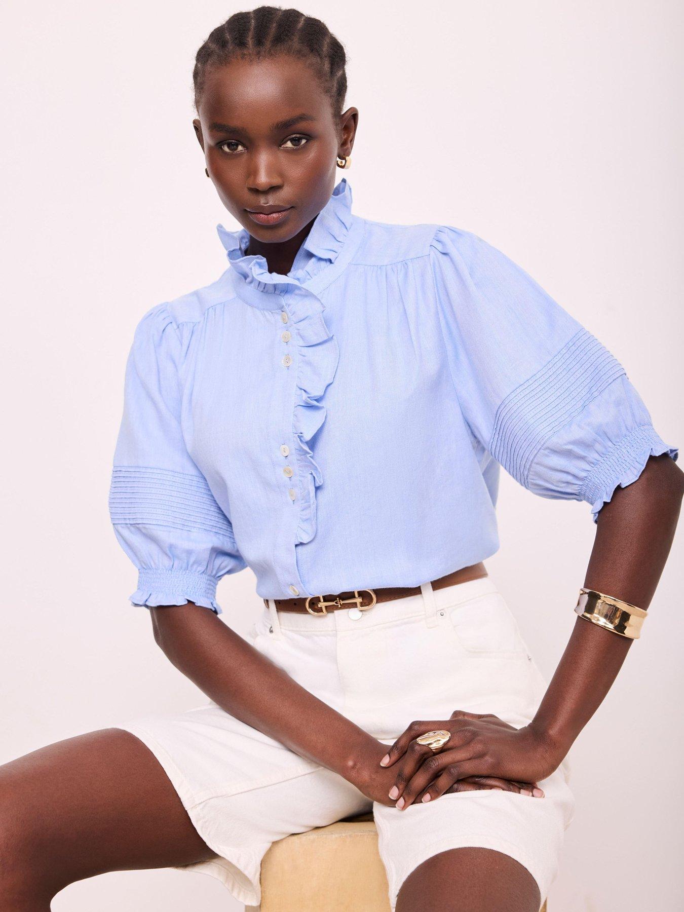Mint Velvet Chambray Ruffle Blouse, Blue, Size M, Women