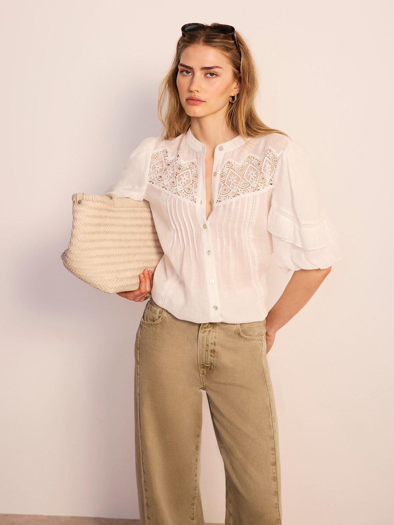 Mint Velvet Ivory Ramie Trim Blouse, White, Size L, Women