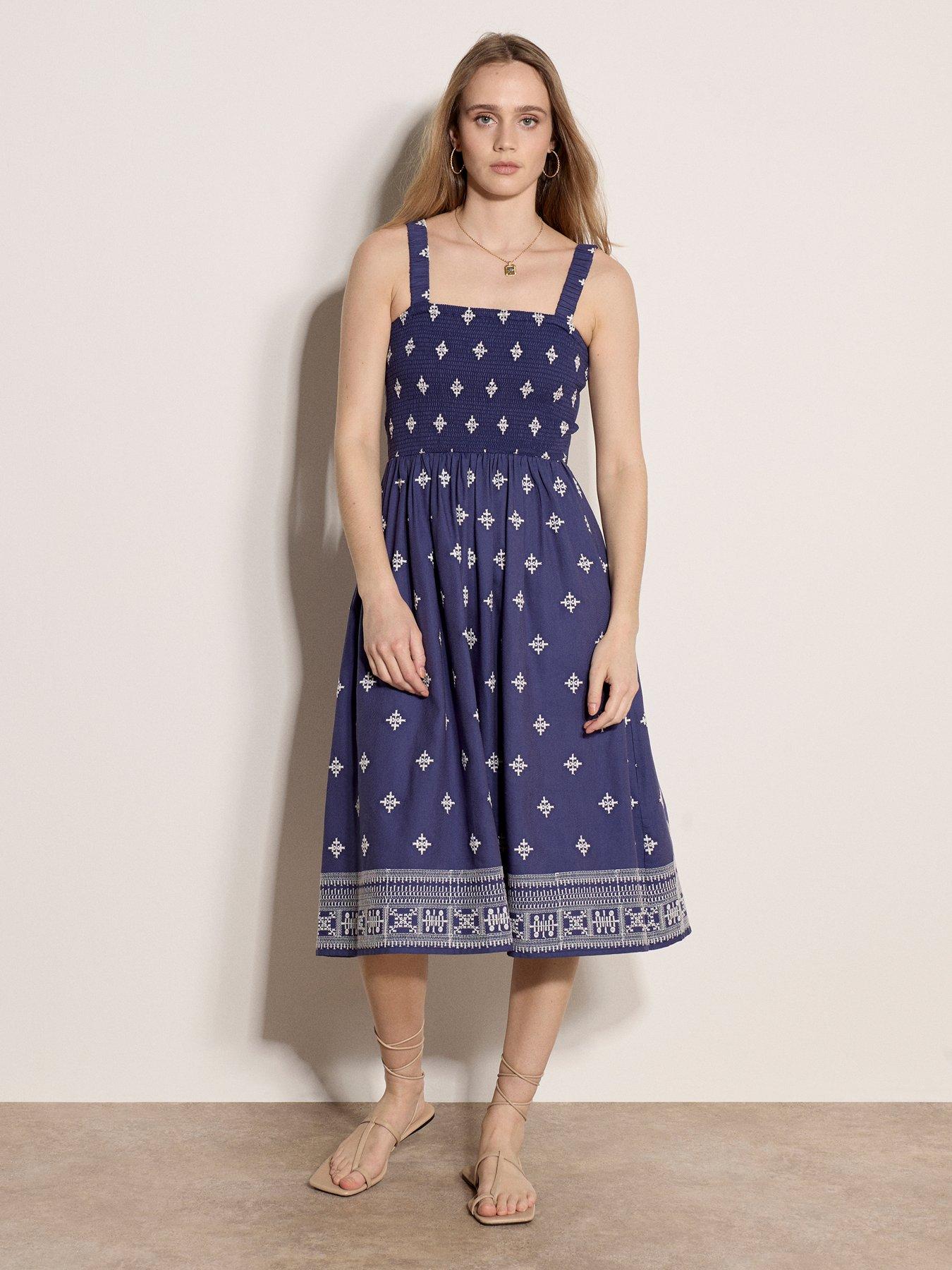 Apricot Embroidered Smock Back 3 Panel Midi Dress