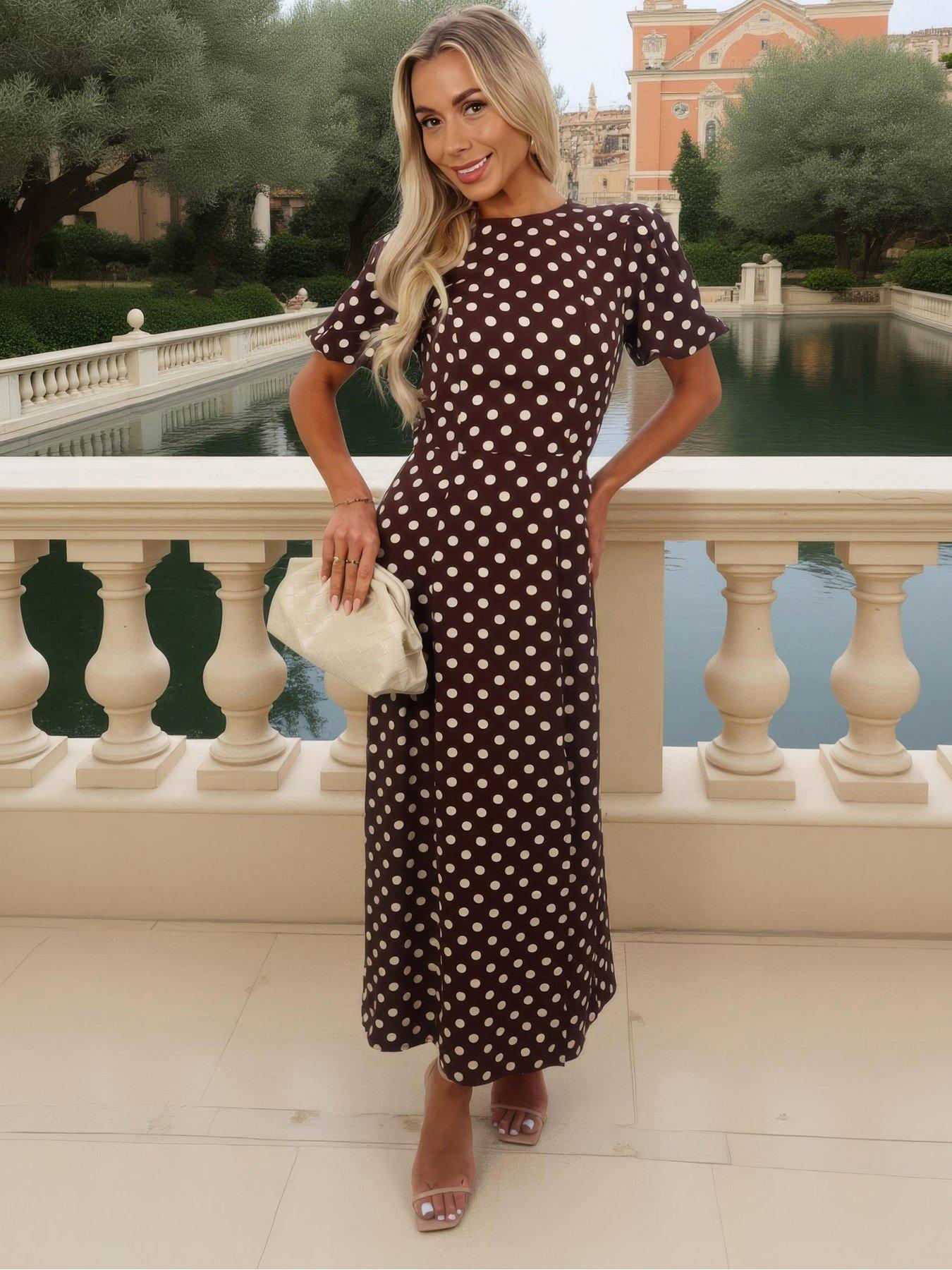 AX Paris Polka Dot Print Puff Sleeve Midi Dress - Brown
