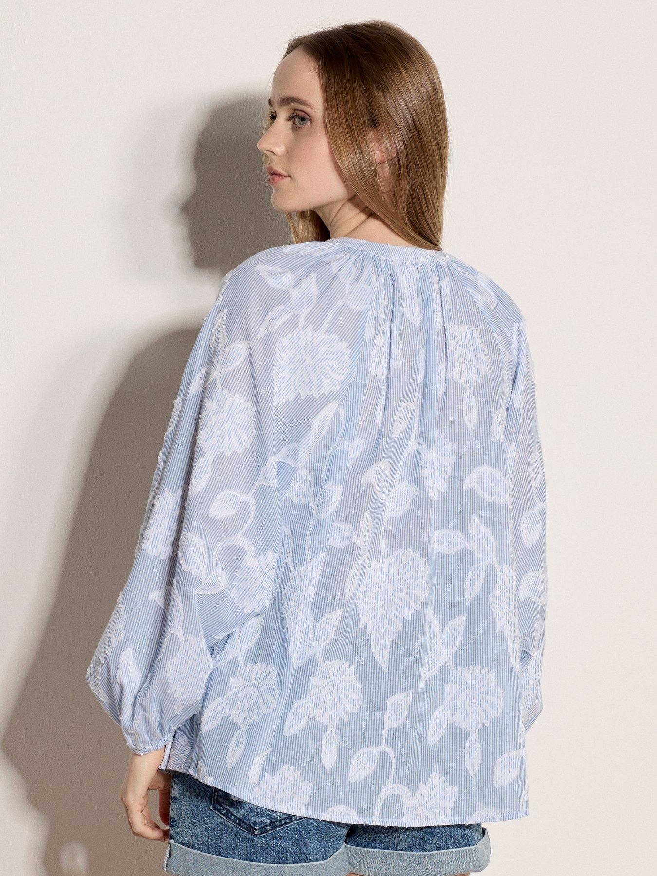 Apricot Jacquard Stripe Open Neck Romantic Blouse - Blue | Very