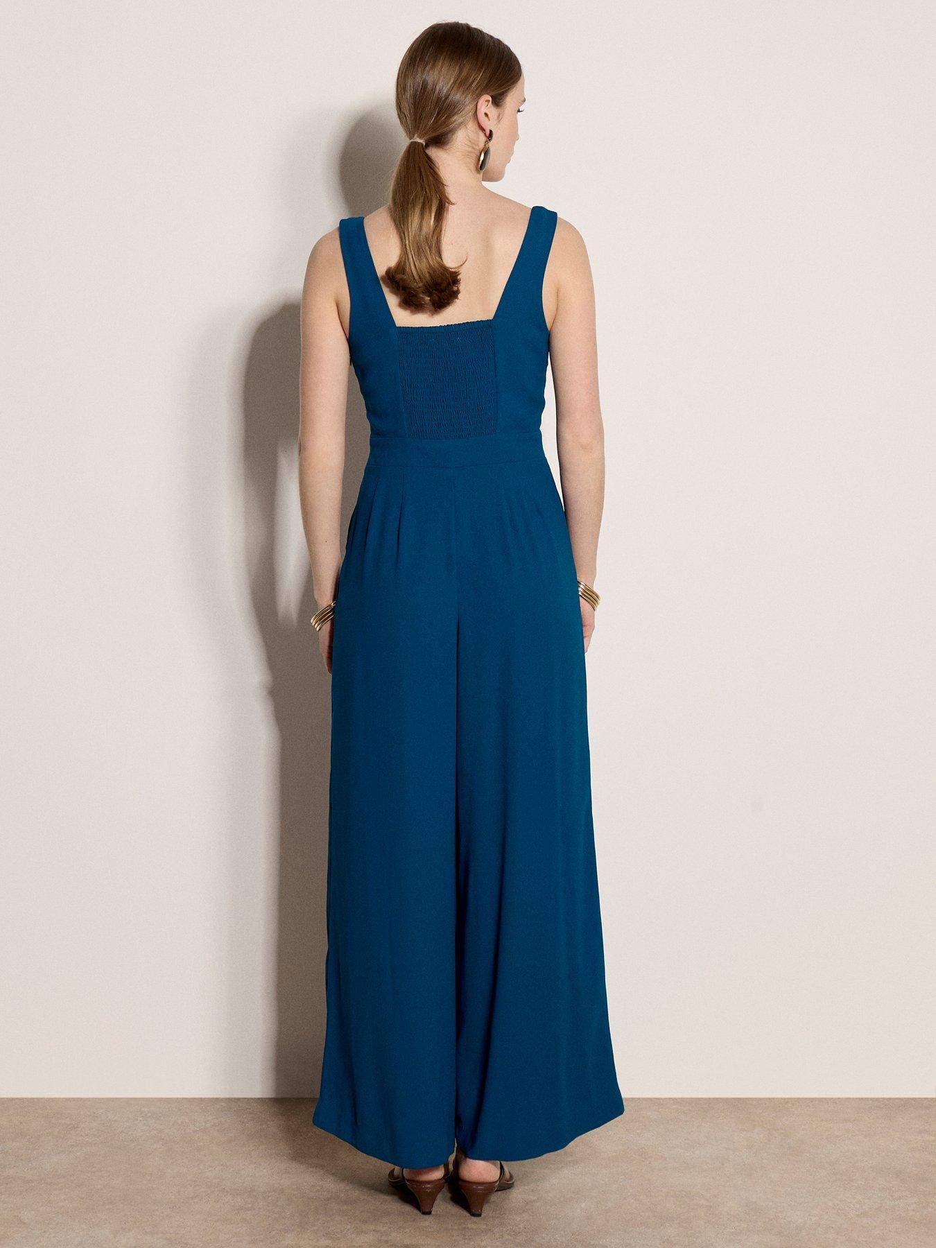 Image 2 of 4 of Apricot Shirred Back Wide Leg Jumpsuit - Blue