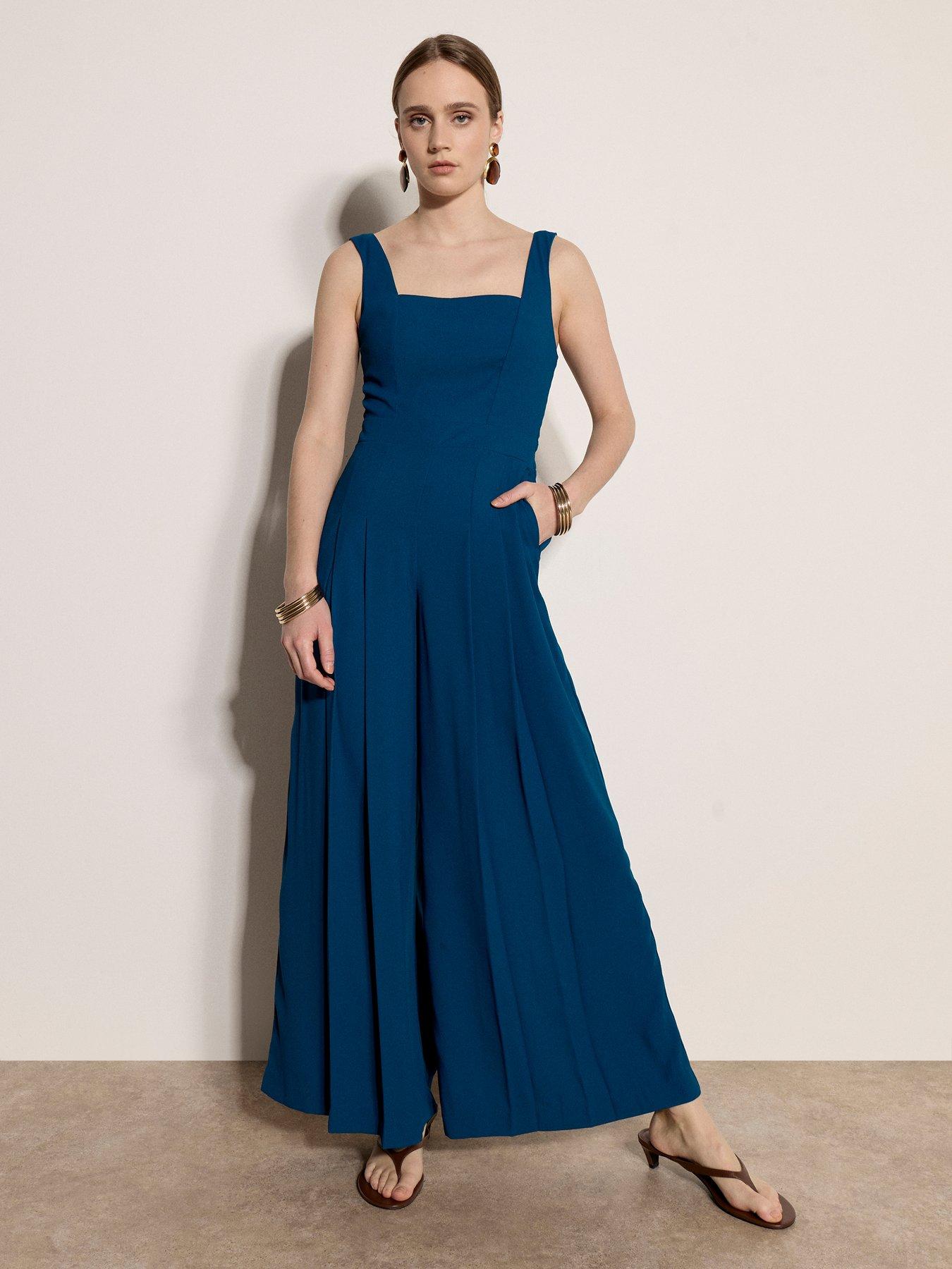 Image 3 of 4 of Apricot Shirred Back Wide Leg Jumpsuit - Blue