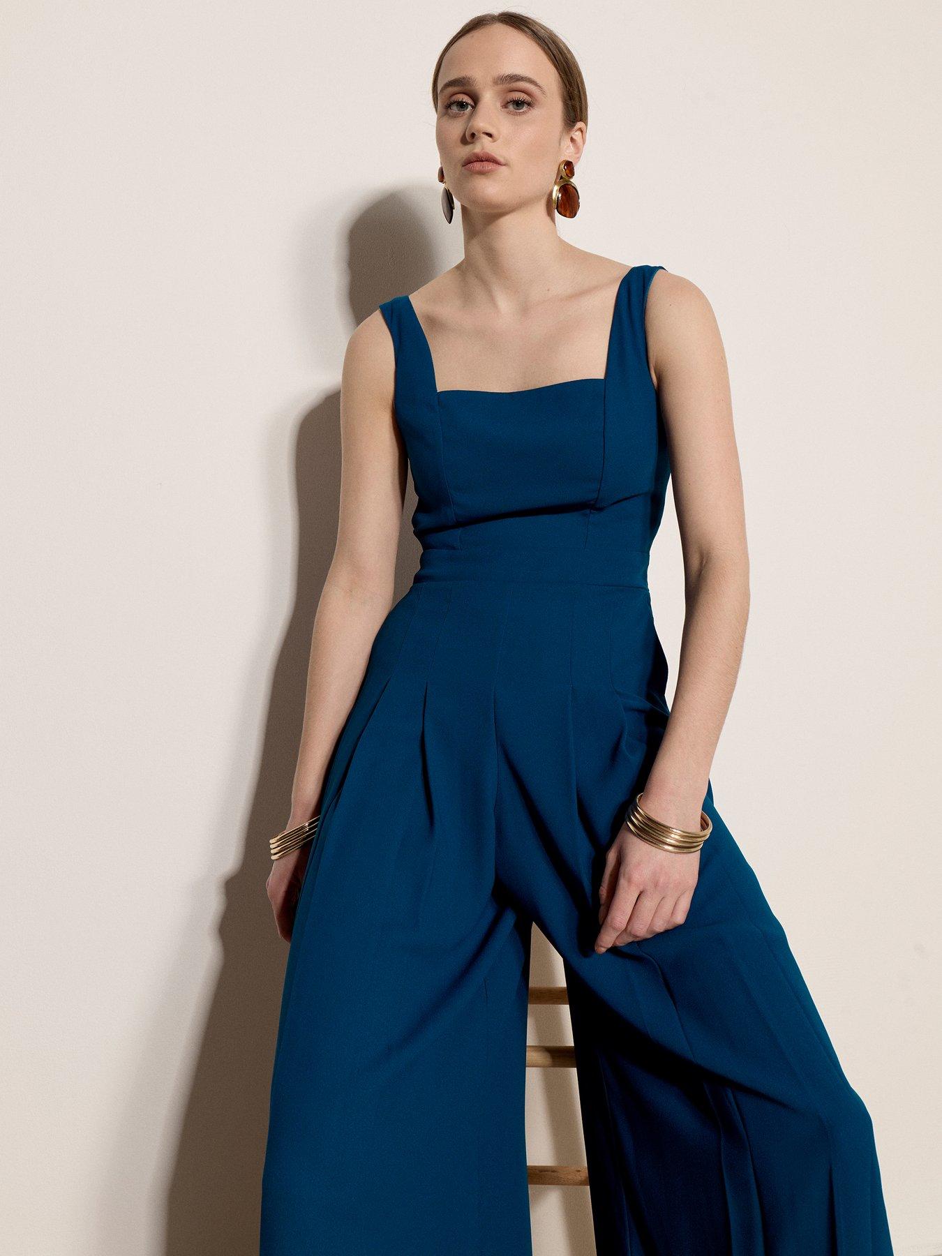 Image 4 of 4 of Apricot Shirred Back Wide Leg Jumpsuit - Blue