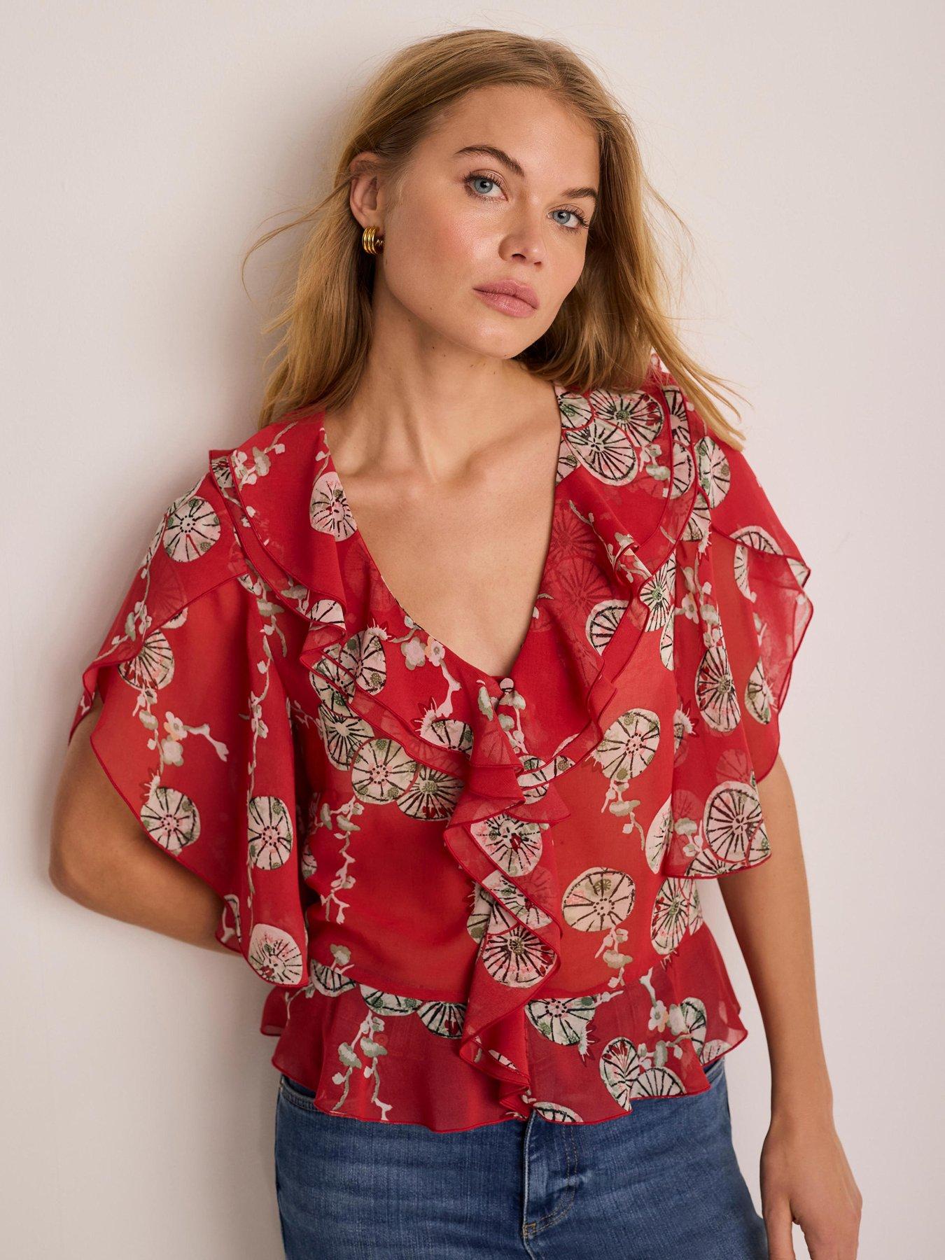 Image 1 of 6 of Mint Velvet Floral Print Top - Red
