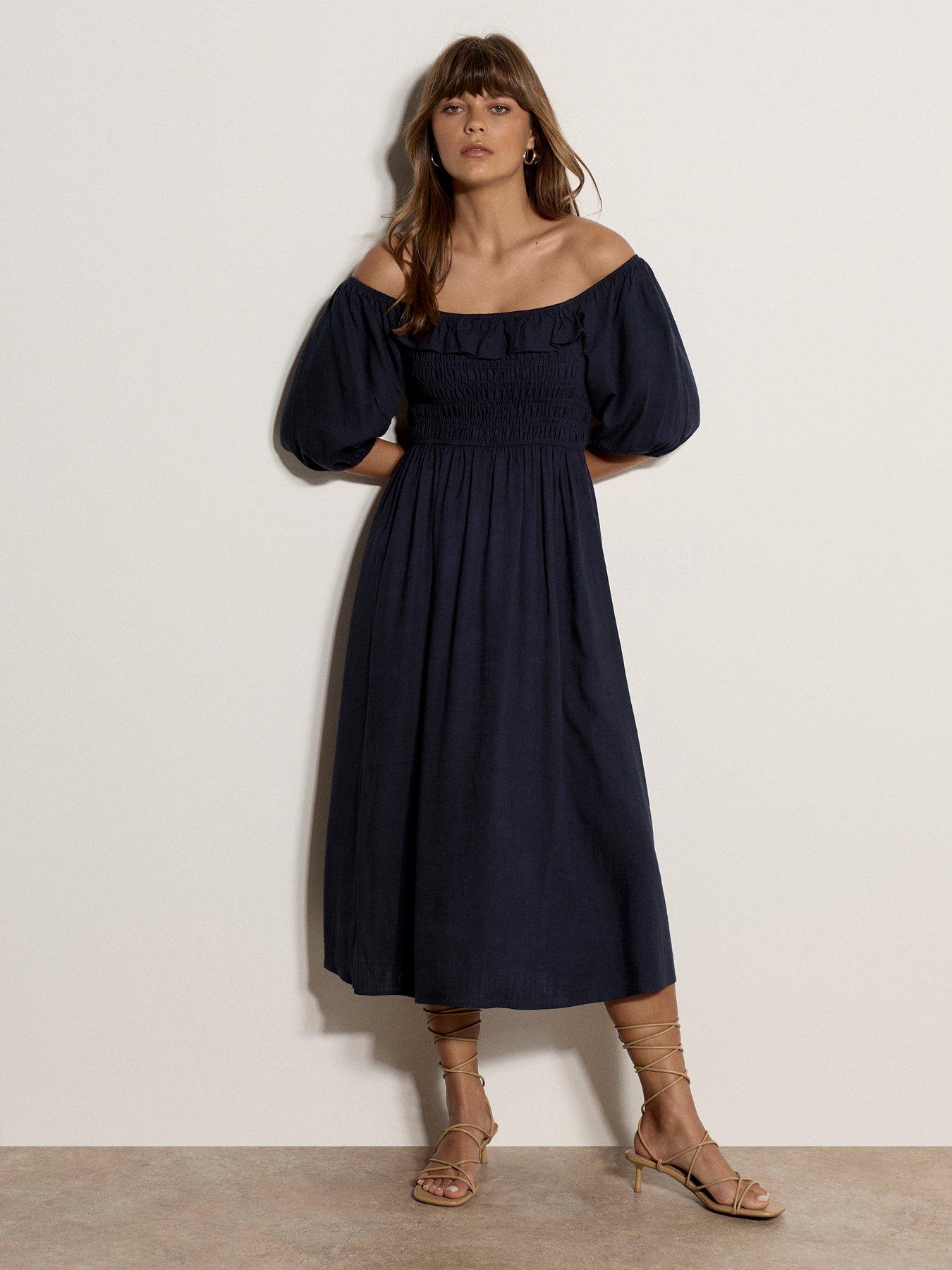 Apricot Maxi Shirred Bardot Dress