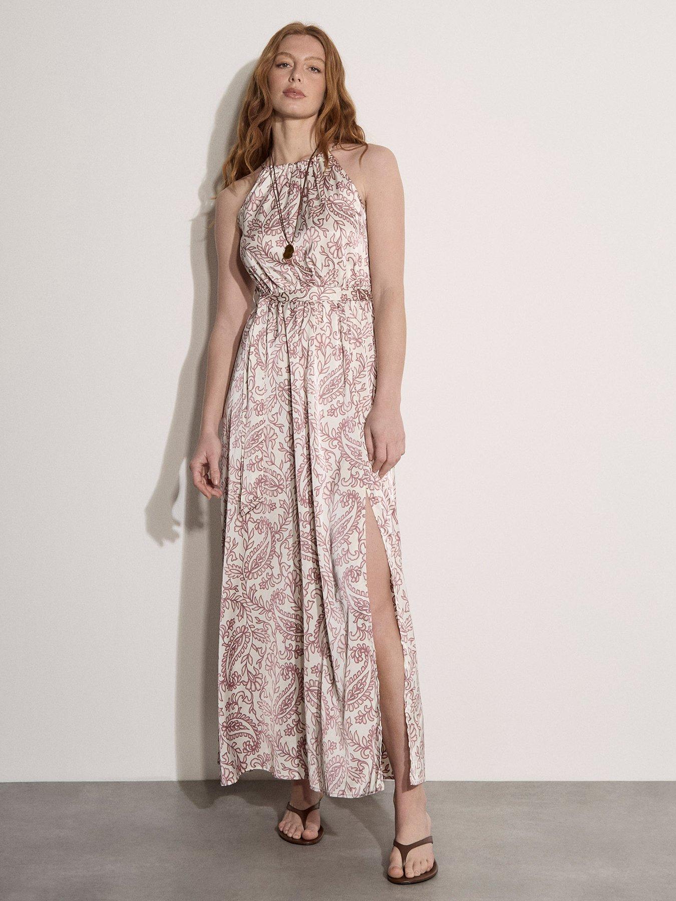 Image 3 of 4 of Apricot Stencil Paisley Satin Split Maxi