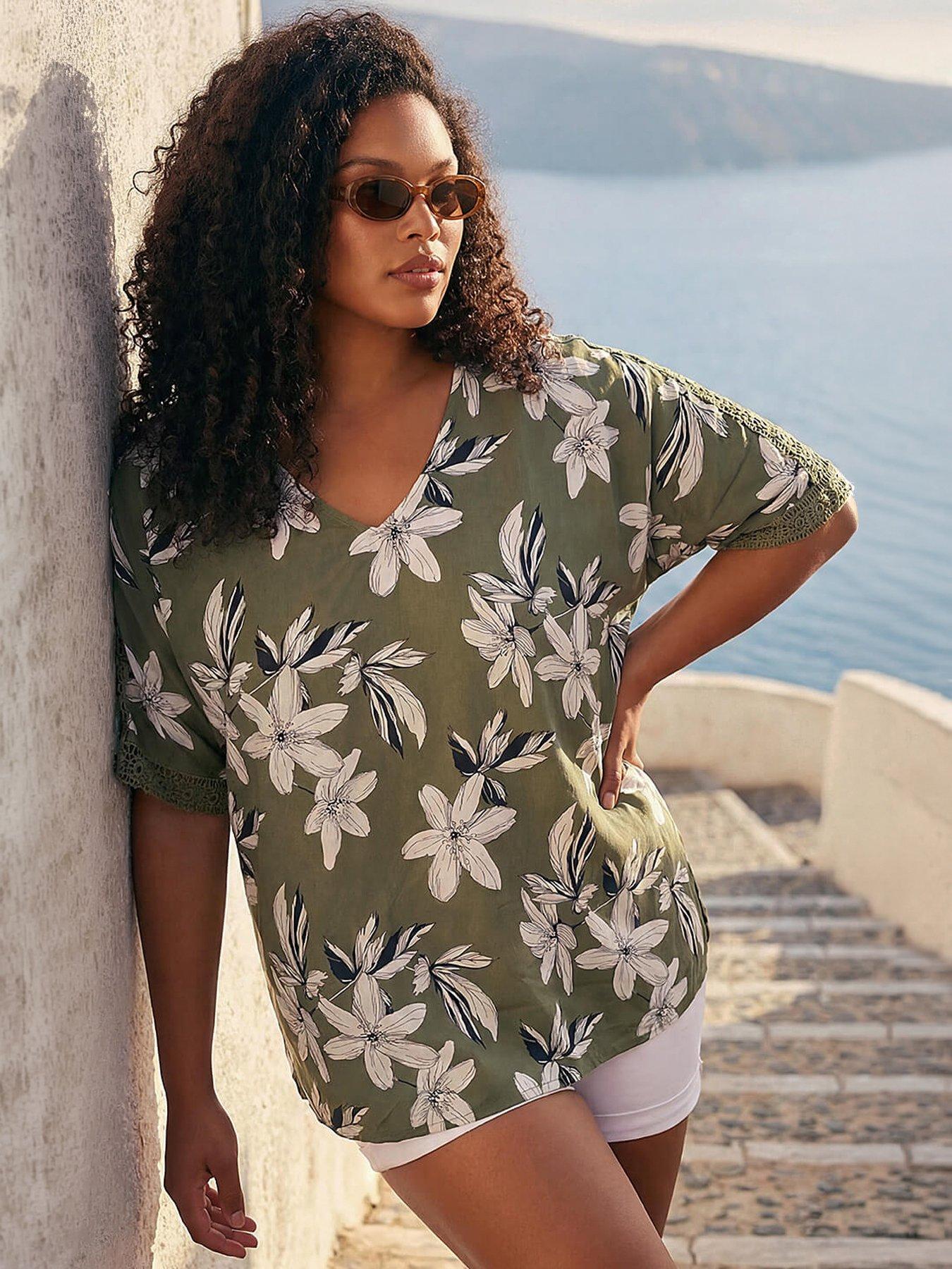 Roman Curve Floral Print Crochet Top, Green, Size 22-24, Women