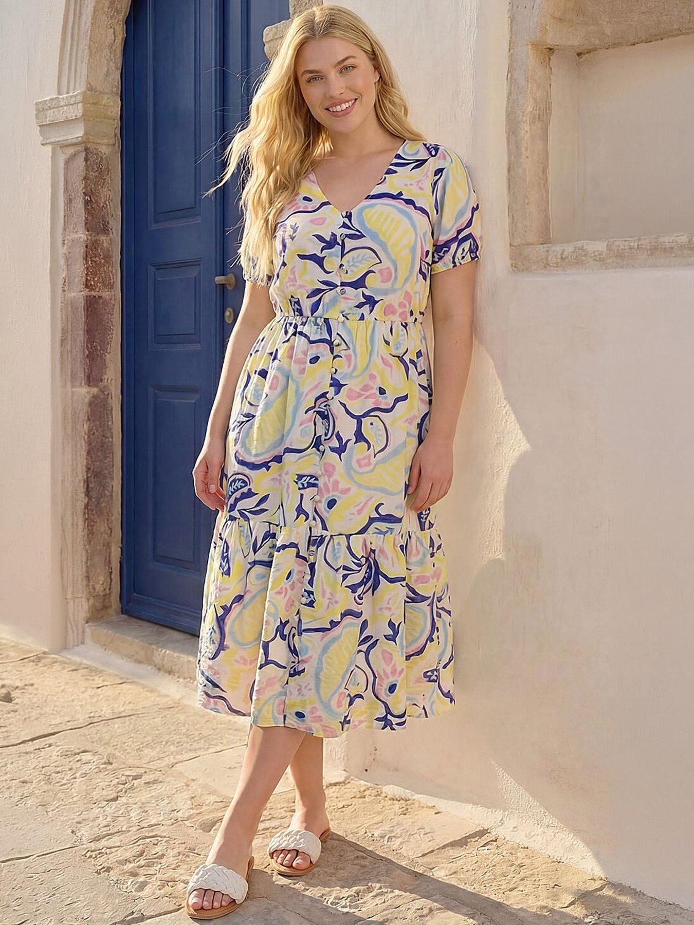 Roman Curve Abstract Print Button Dress