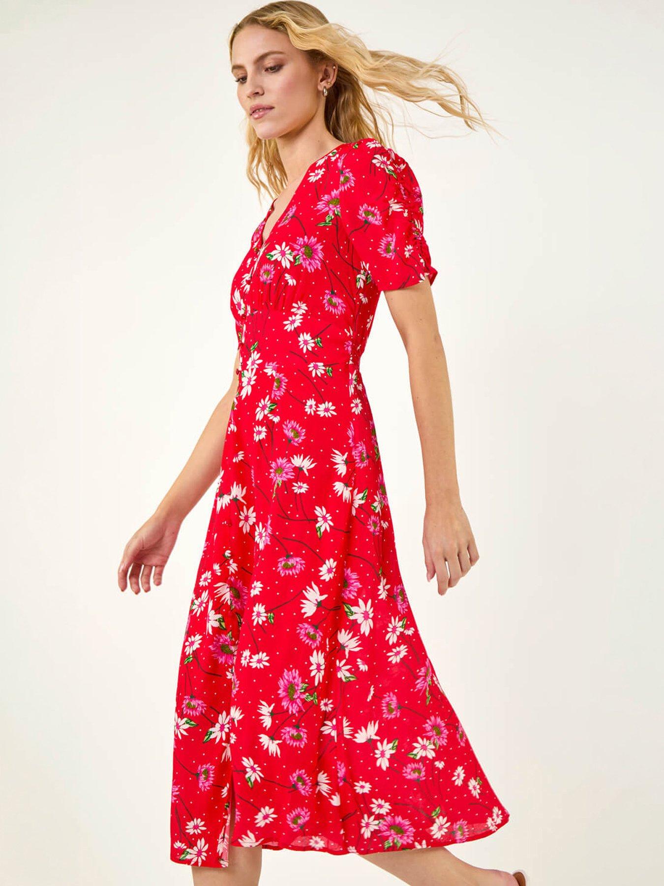Roman Floral Ruched Sleeve Dress, Red, Size 10, Women