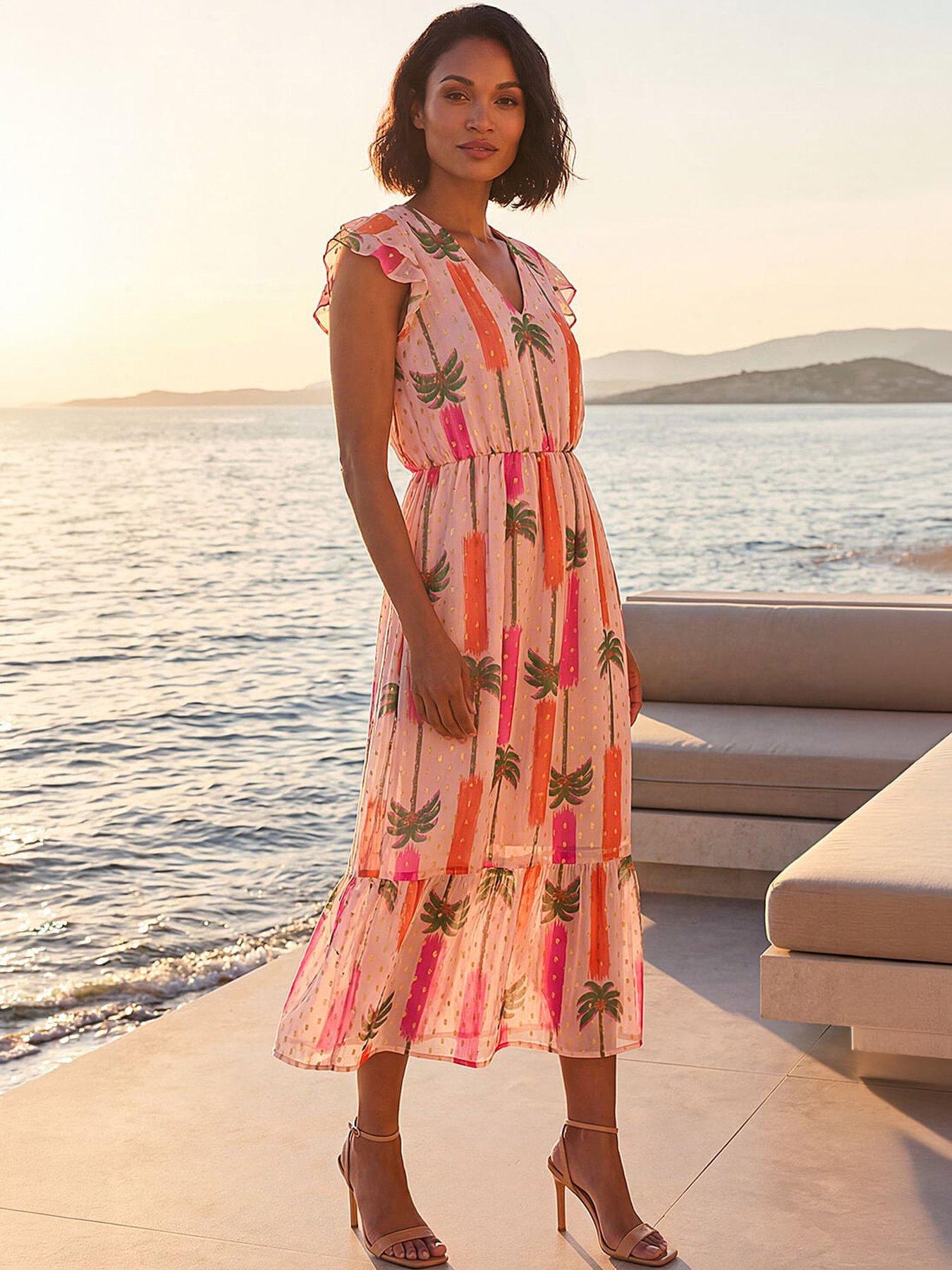 Roman Dusk Palm Shimmer Frill Maxi Dress