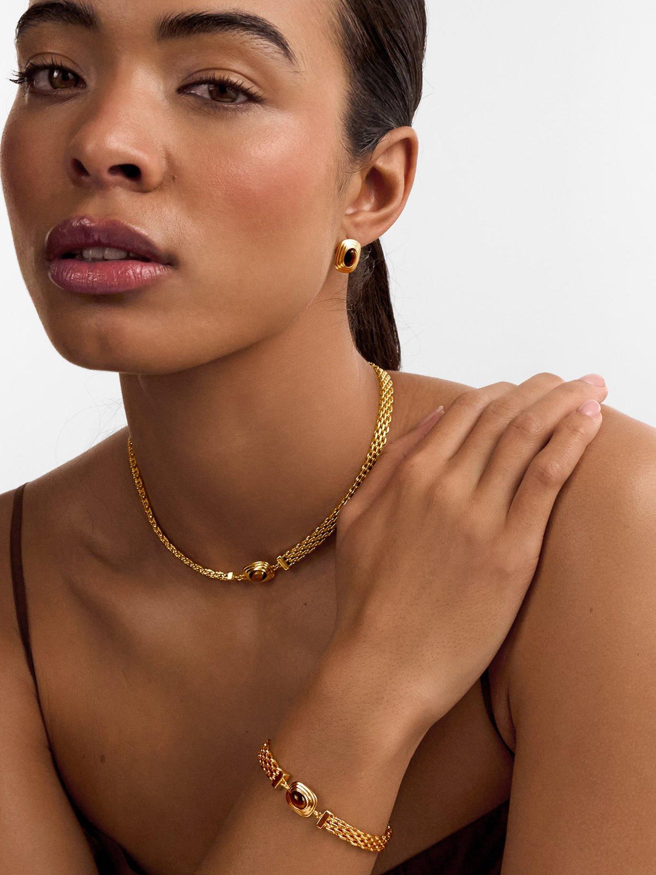 Katie Loxton Plated Oval-Shaped Tigers Eye Braided Chain Necklace - Gold - Waterproof