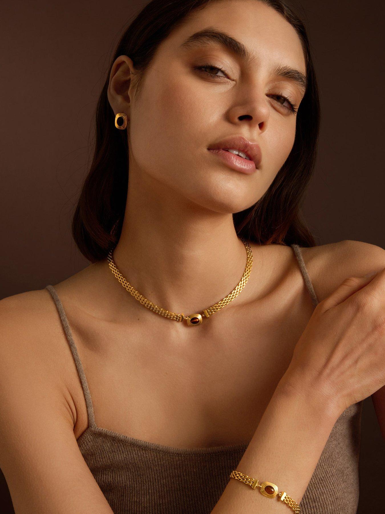 Katie Loxton Plated Oval-Shaped Tiger's Eye Braided Chain Necklace - Gold