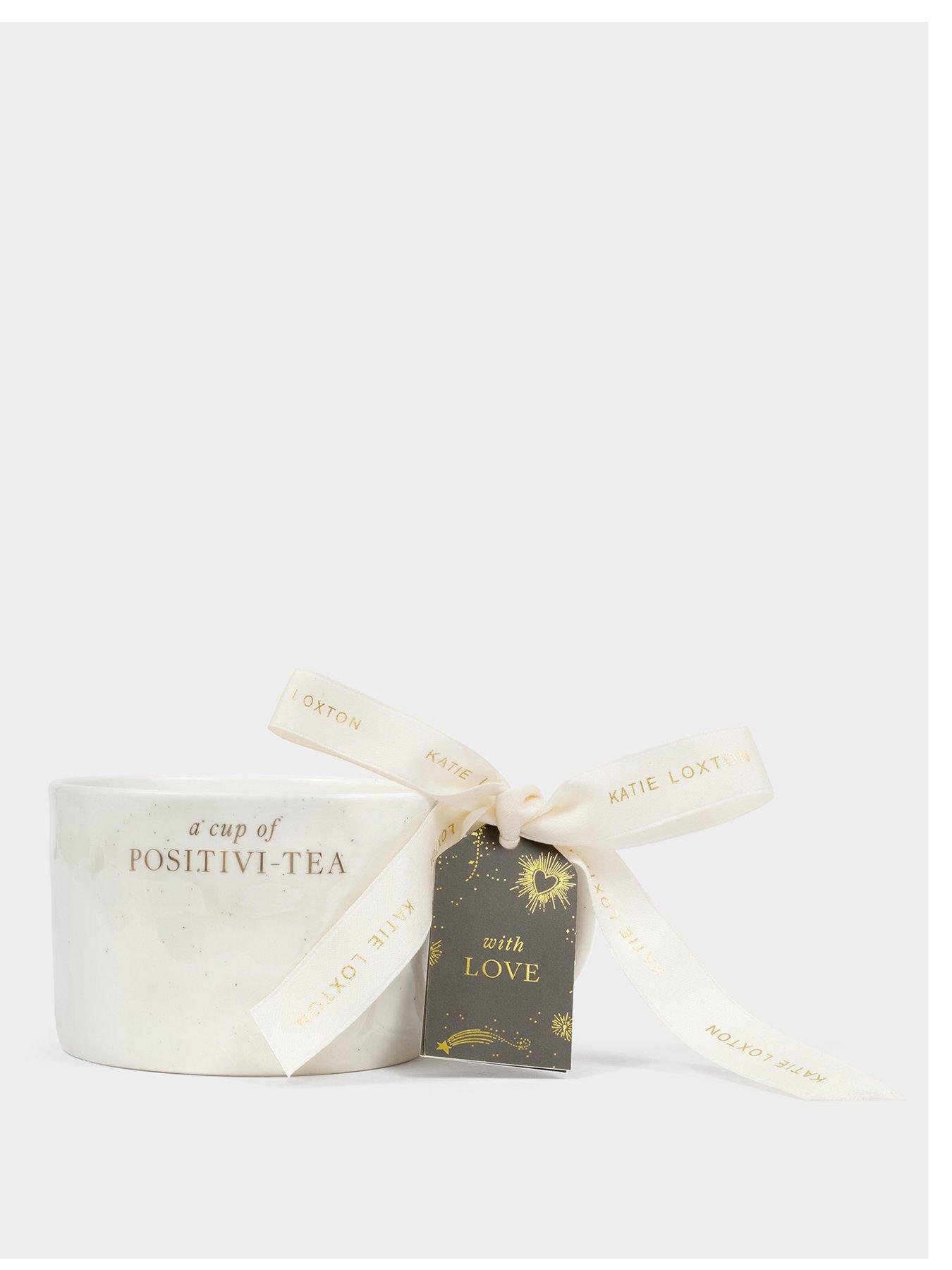 Katie Loxton SPECKLED SENTIMENT MUG WITH TAG , a cup of POSITIVI-TEA , 9.5cm x 9.5cm x 7cm