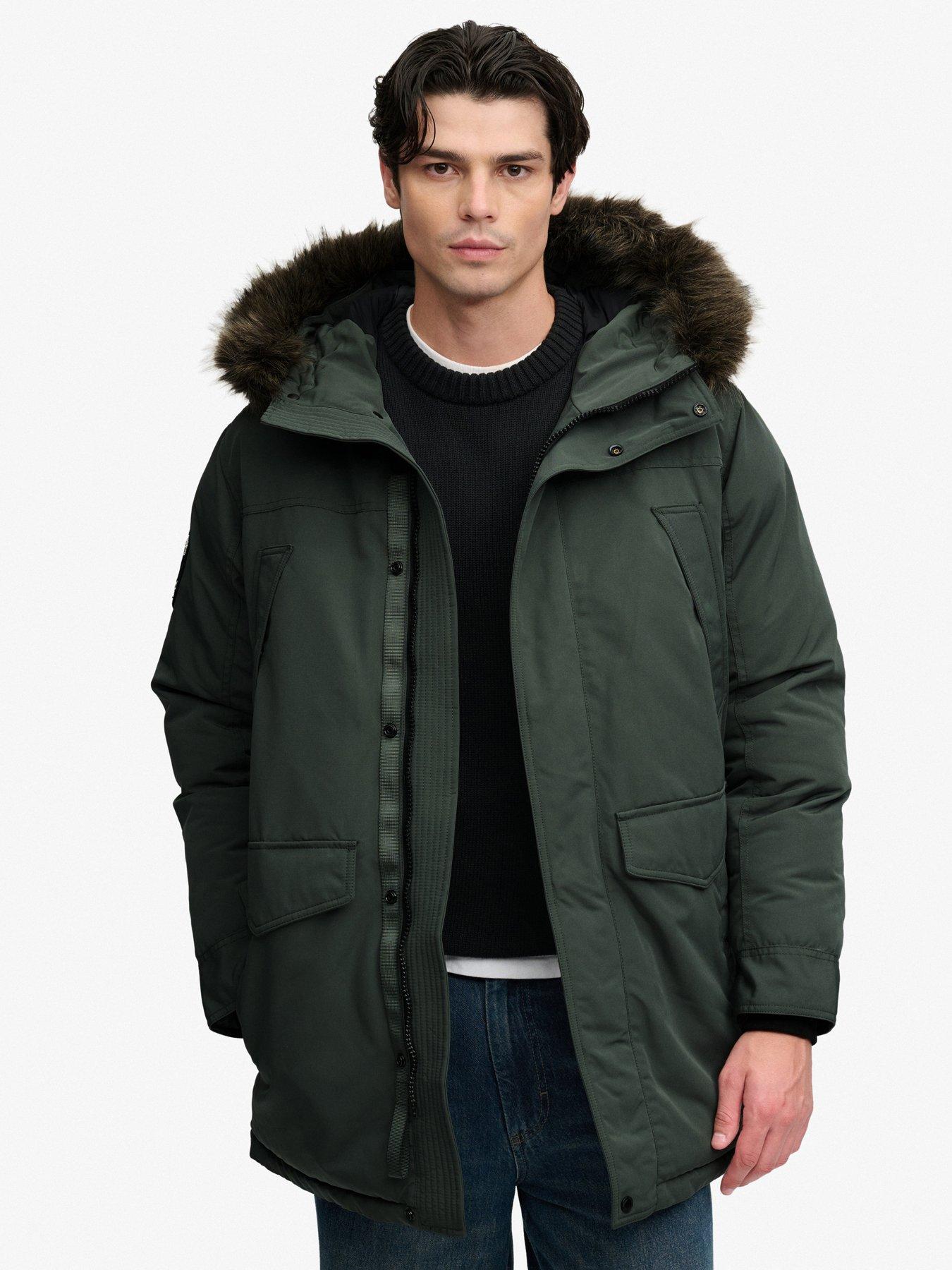 Image 1 of 7 of Superdry Mens Faux-Fur Hood Padded Parka Jacket - Dark Green