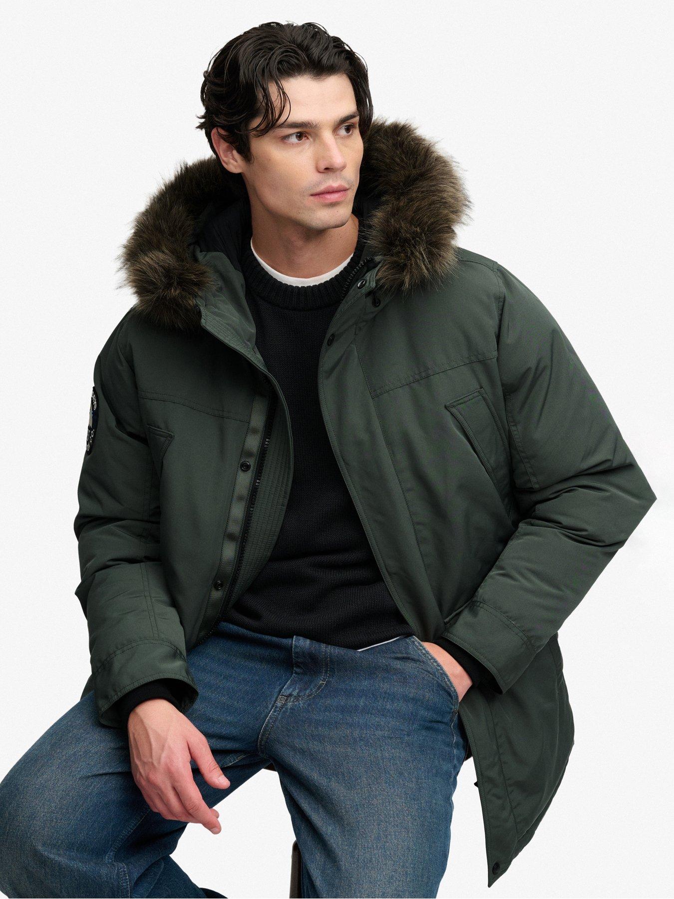 Image 2 of 7 of Superdry Mens Faux-Fur Hood Padded Parka Jacket - Dark Green